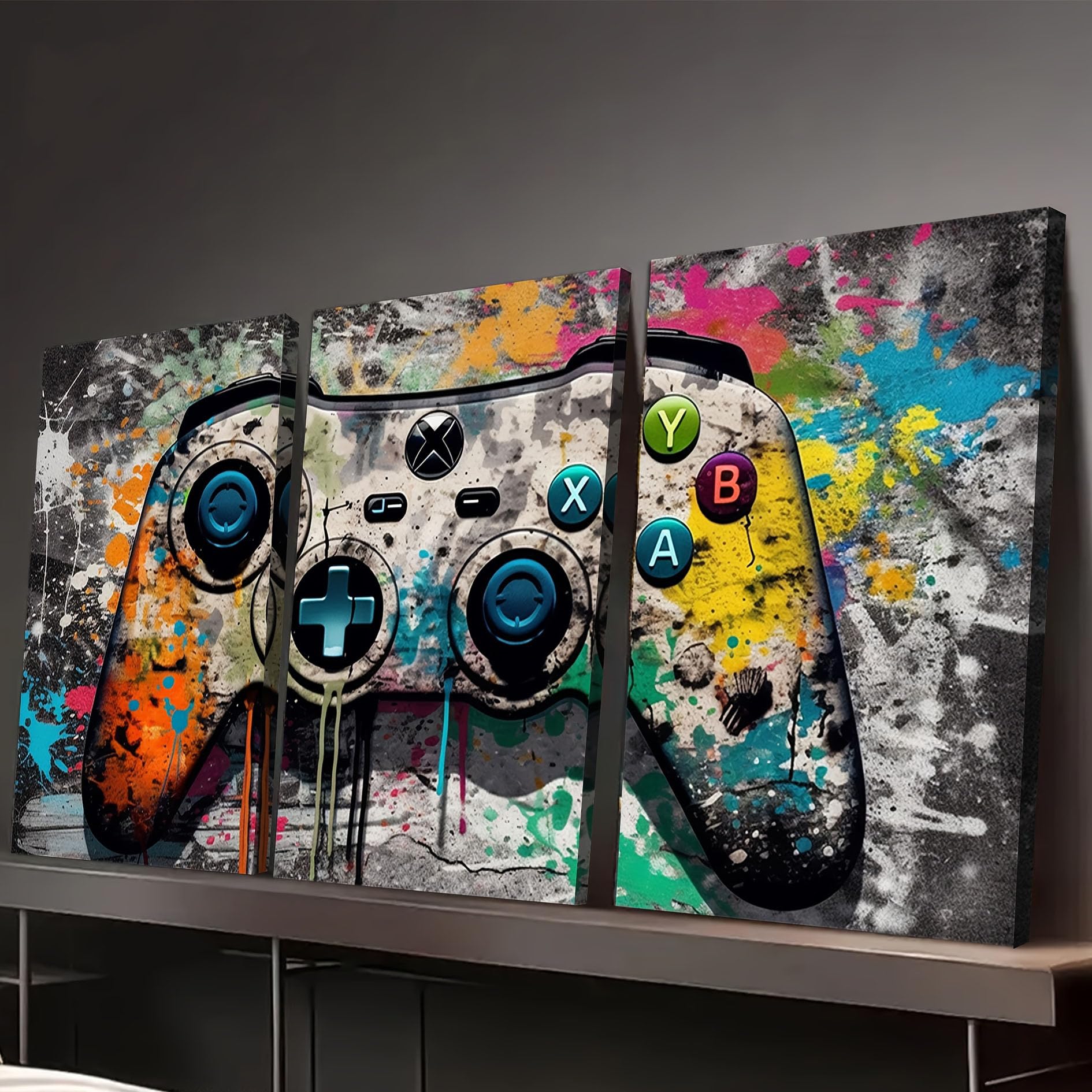 3 mandos de videojuegos estilo graffiti, lienzos decorativos con diseños abstractos (70x90cm x 3/Sin marco)