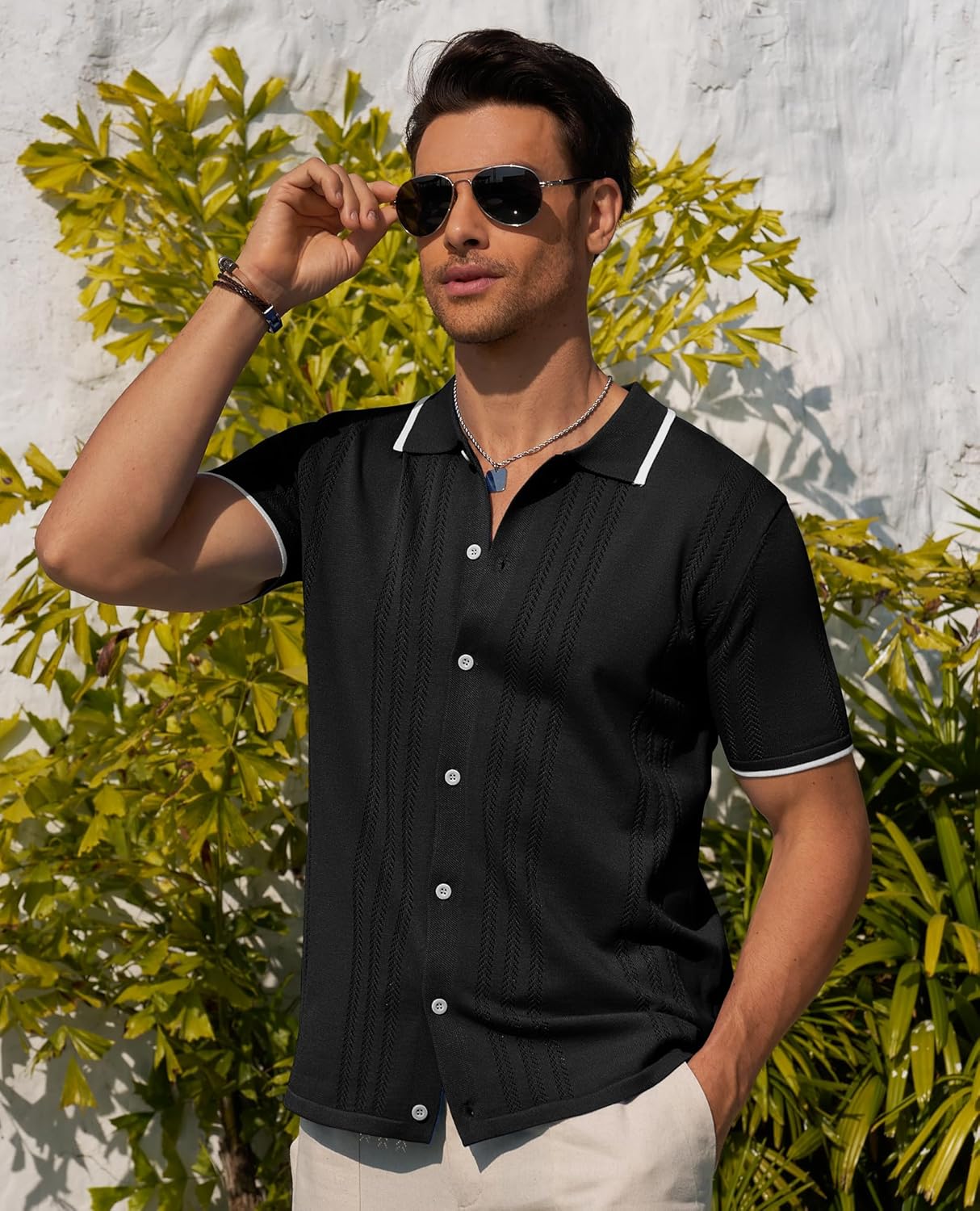 Alimens & Gentle Mens Shirts Casual Button Down Shirts Beach Vintage Knit Short Sleeve Polo Shirt for Men - Image 3