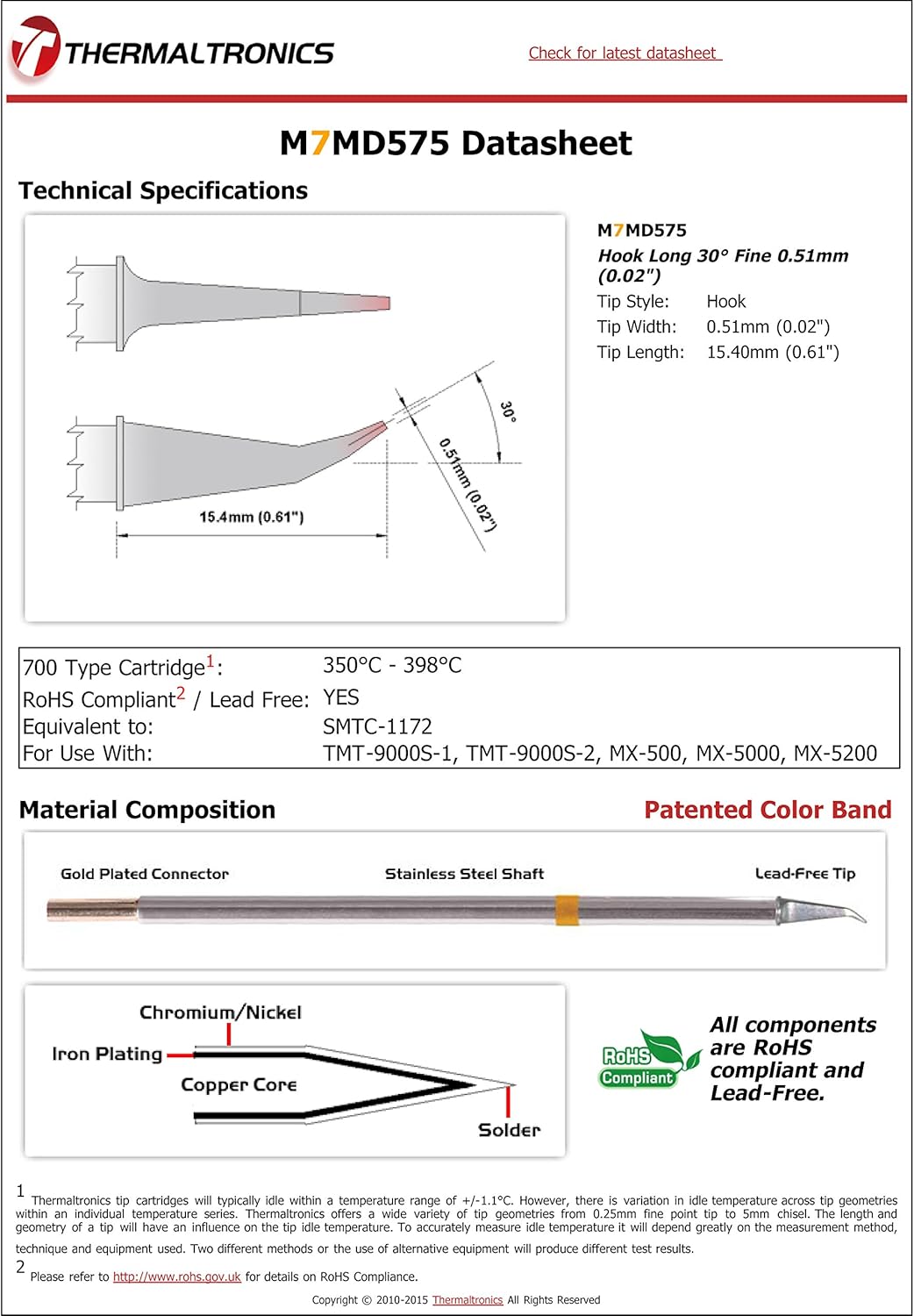 Thermaltronics M7MD575 Hook Long 30deg Fine 0.51mm (0.02in) interchangeable for Metcal SMTC-1172