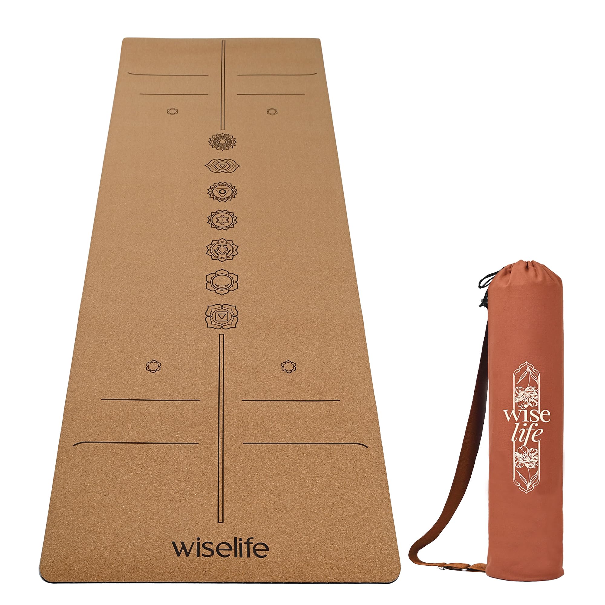 Wiselife Cork Natural Rubber Yoga Mat with Carry Strap 6MM | Extra Large Extra Wide | Anti skid Anti slip for Yoga & Workout (Cork 7 chakra)