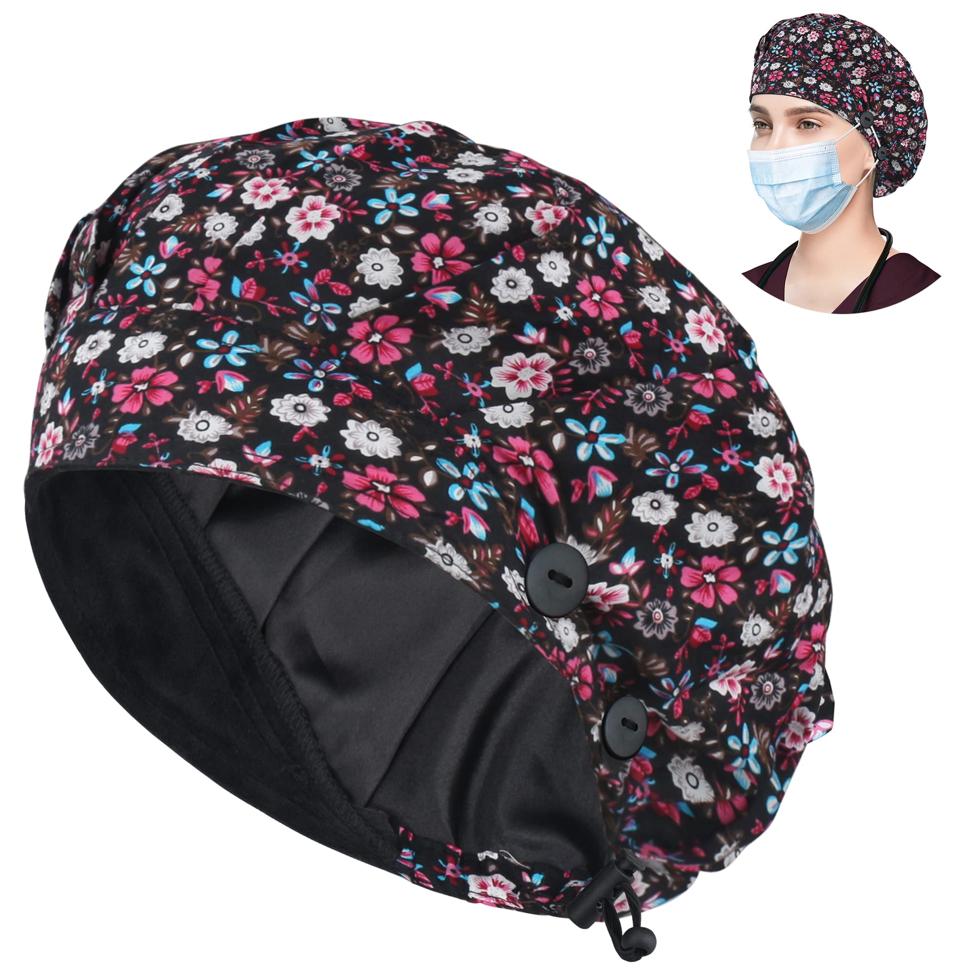ABAMERICA Bouffant Caps with Button and Sweatband, Adjustable Scrub Caps for Women Men, One Size Multi Color