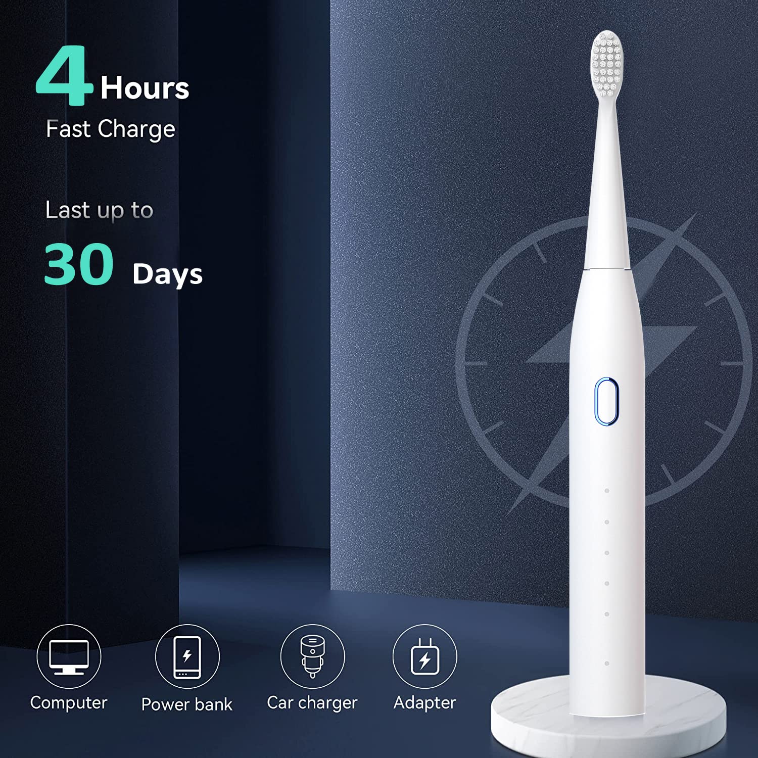 US1984 Sonic Electric Toothbrush for Adults with 5 Brushing Modes, 4 Replaceable Brush Heads & Rechargeable with 4 Hours Charge Lasting up to 30 Days, Power Toothbrush (White) 2
