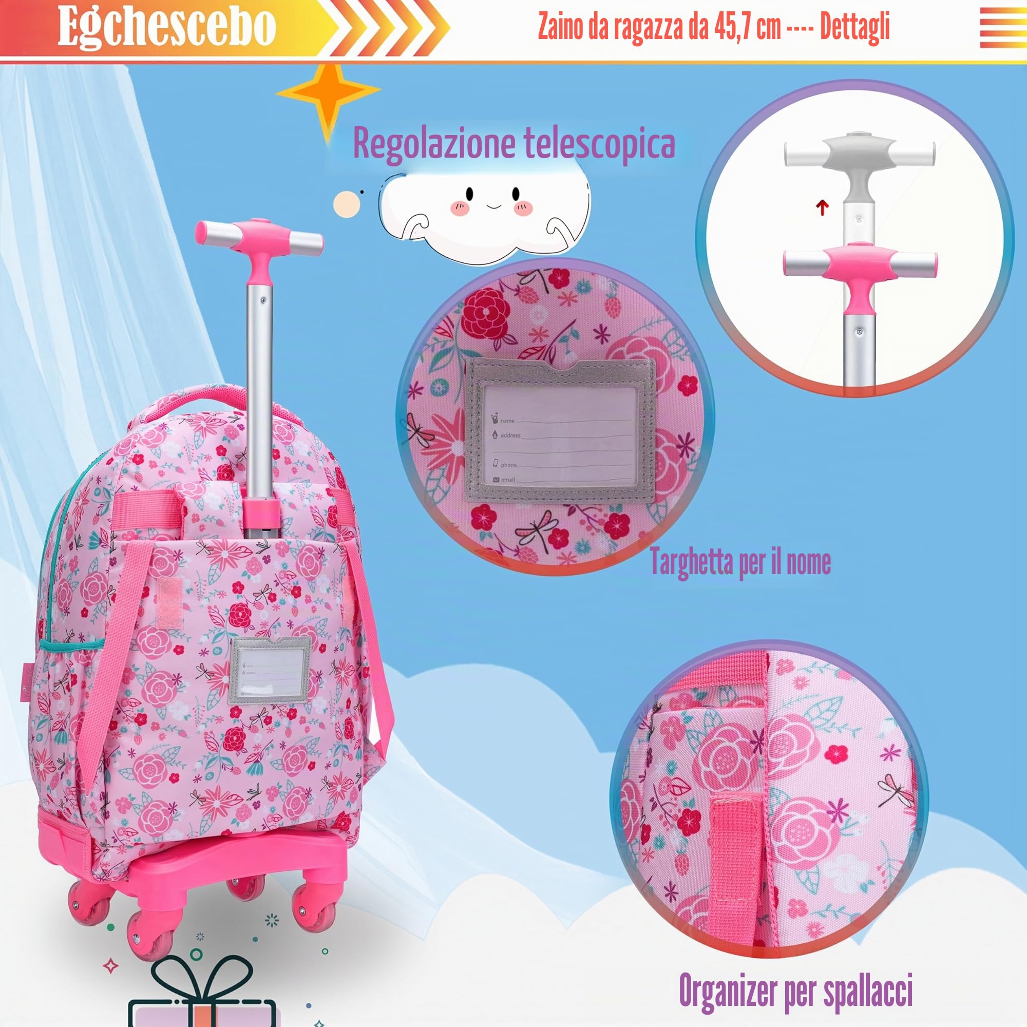 Set di 3 zaini con rotelle 45,7 cm per ragazze e ragazzi con borsa per il pranzo e astuccio, borse scolastiche, 18, Zaini da viaggio