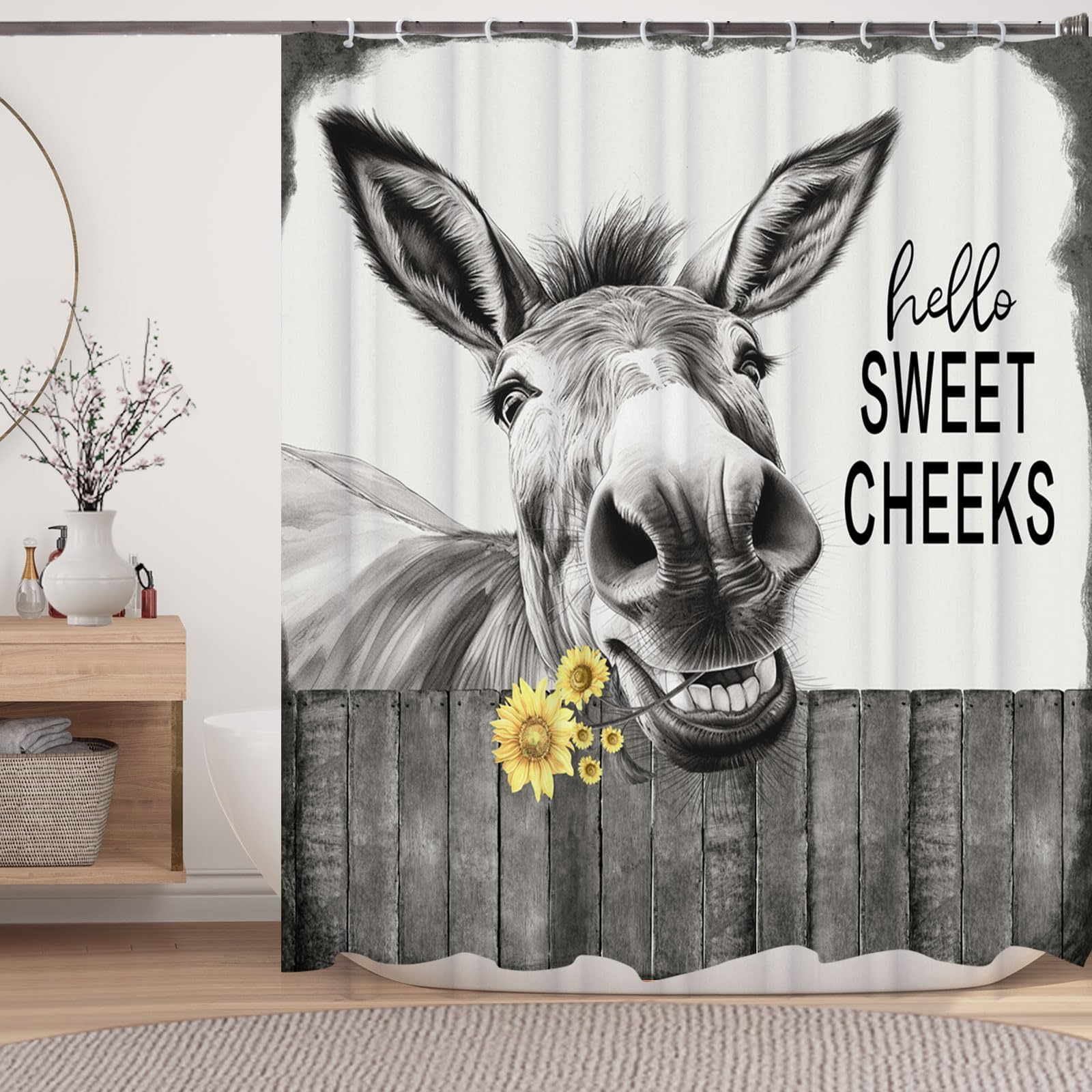 Uiyiui Multicolor-1 Farmhouse Funny Donkey Shower Curtain 72X72in/182X182cm/Wxh Black And White Farm Animal Bath Curtain For Shower Stall Bathtubs, Gray Hello Sweet Cheeks Rustic Polyester Fabric With Hooks