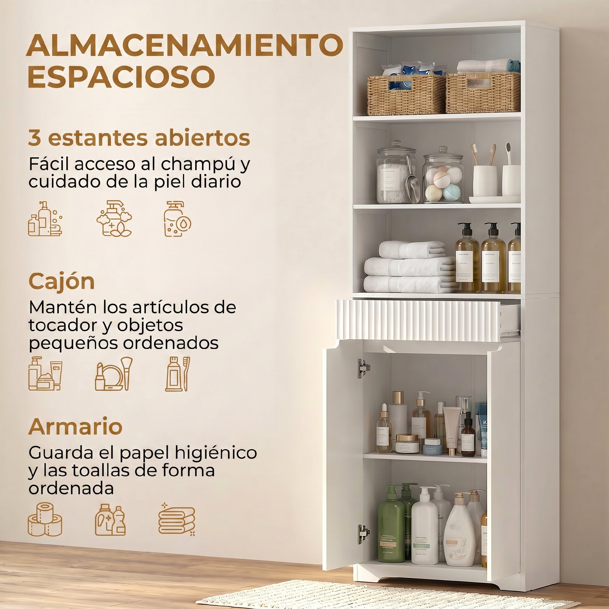 HOMCOM Armario Alto de Baño 3 Estantes Abiertos 60x30x171 cm Blanco | Mueble de Baño Estrecho, Cajón Acanalado, Estante Ajustable, Puertas de Cierre Suave, para Espacios Pequeños