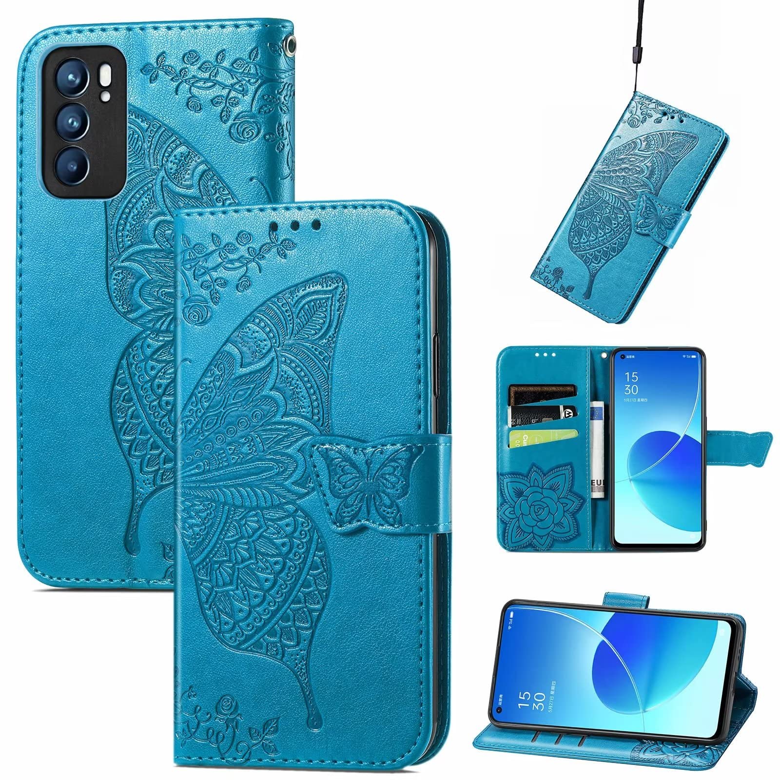 EASSGU Custodia Flip Magnetica Per OPPO Reno6 5G - Pelle Con Motivo Farfalla, 3 Slot Carte E Portafoglio (Viola Chiaro)