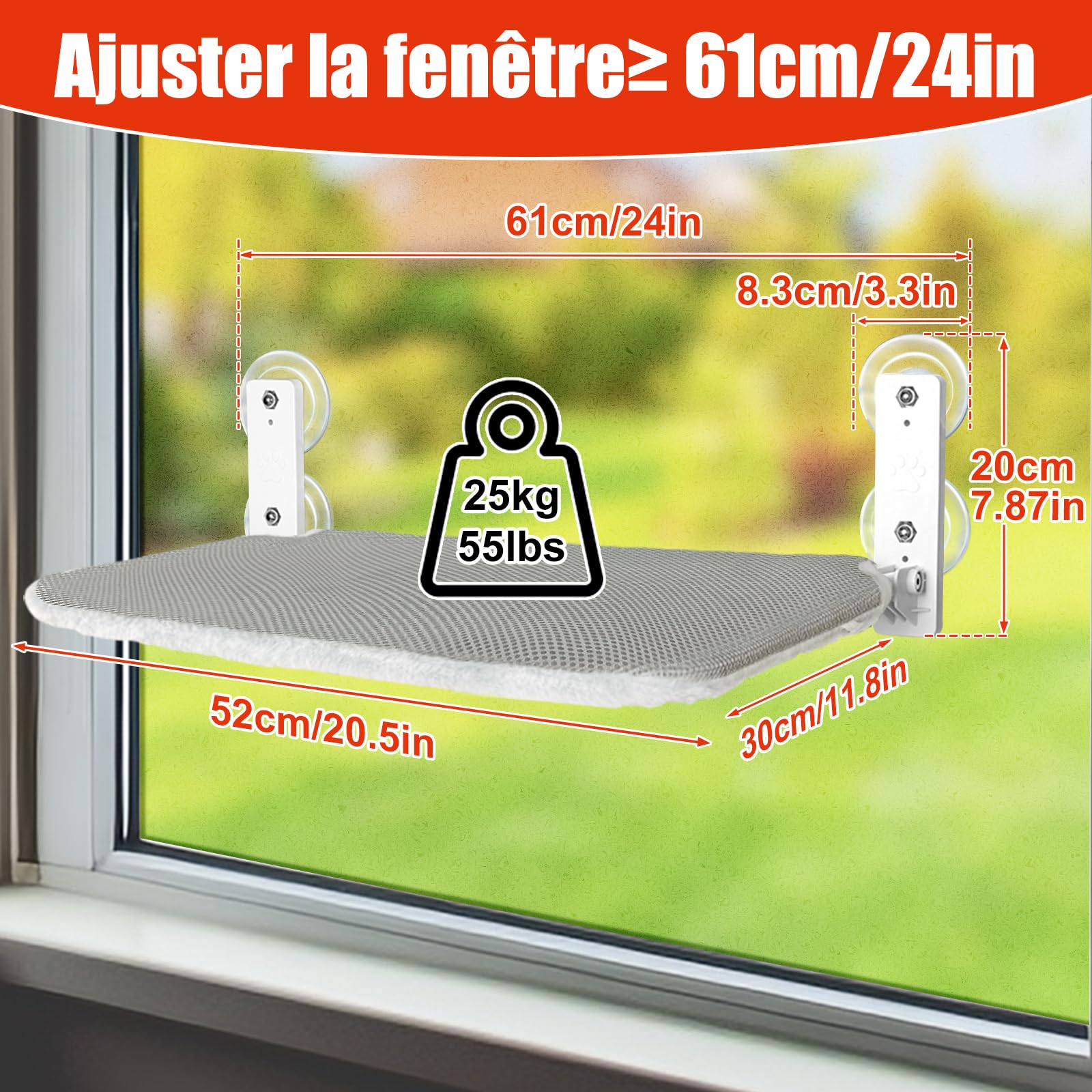 GUUSII HOME 2PCS Hamac Chat Fenetre Lit Perchoir Panier Suspendu Pliable Etagere pour Petits et Grands Chats Fenêtre Transat Robuste avec Ventouses Stables 52 * 30cm Supporte 25kg (Gris Clair, M)
