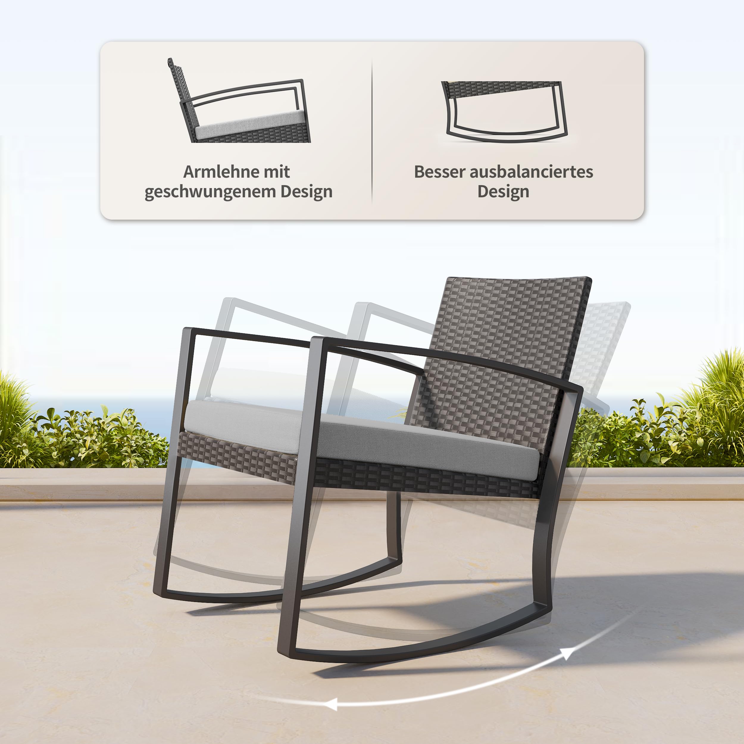 Bealife Set Giardino，Salottino da Esterno，Set di Mobili da Balcone in Rattan, ，Set da Balcone 3 Pezzi per Portici, Cortili, Terrazzi, Balconi, Bordo Piscina (Grigio)
