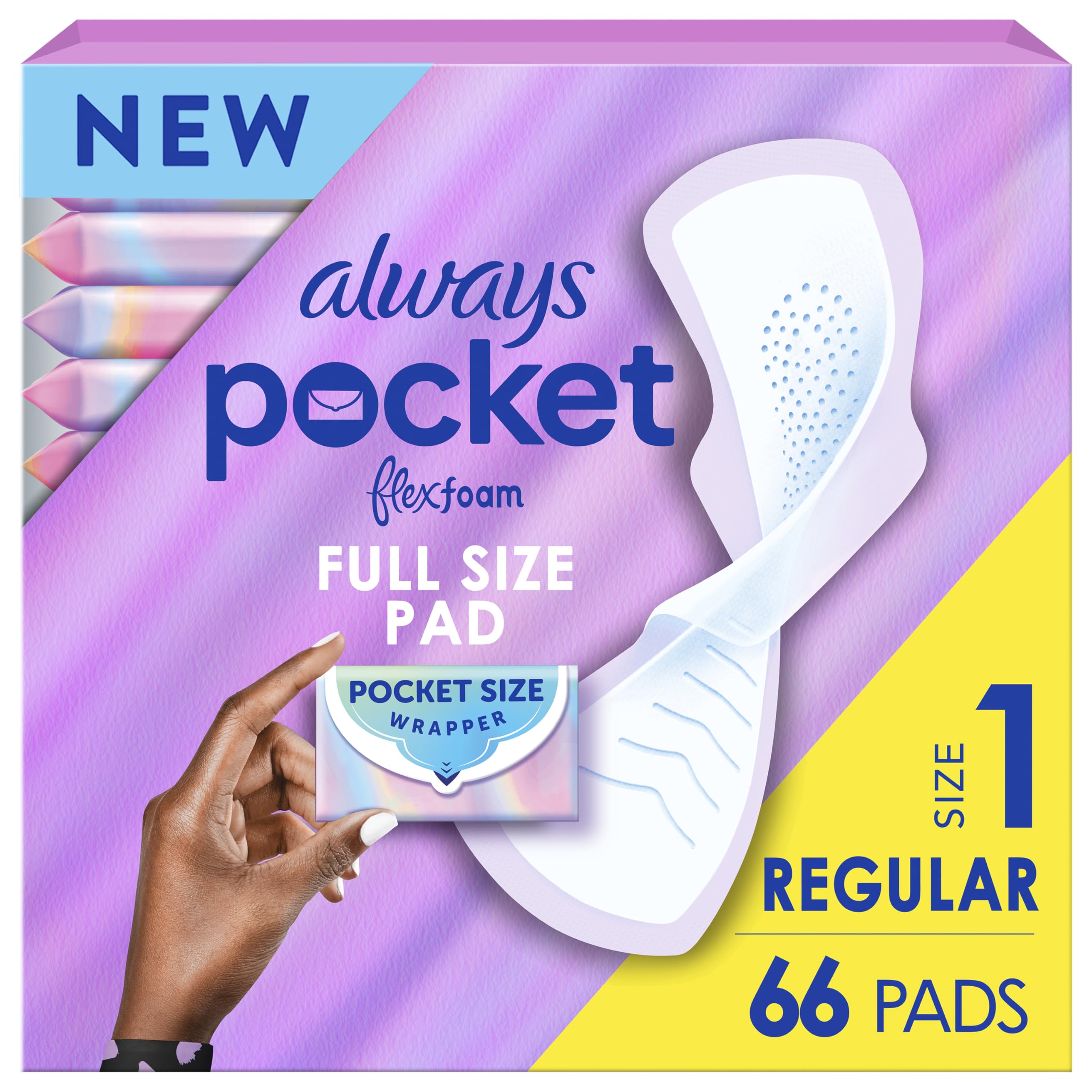 Always Pocket Feminine Pads with FlexFoam, Size 1, Regular, with Wings, Unscented, 66 Count (3 Packs of 22)
