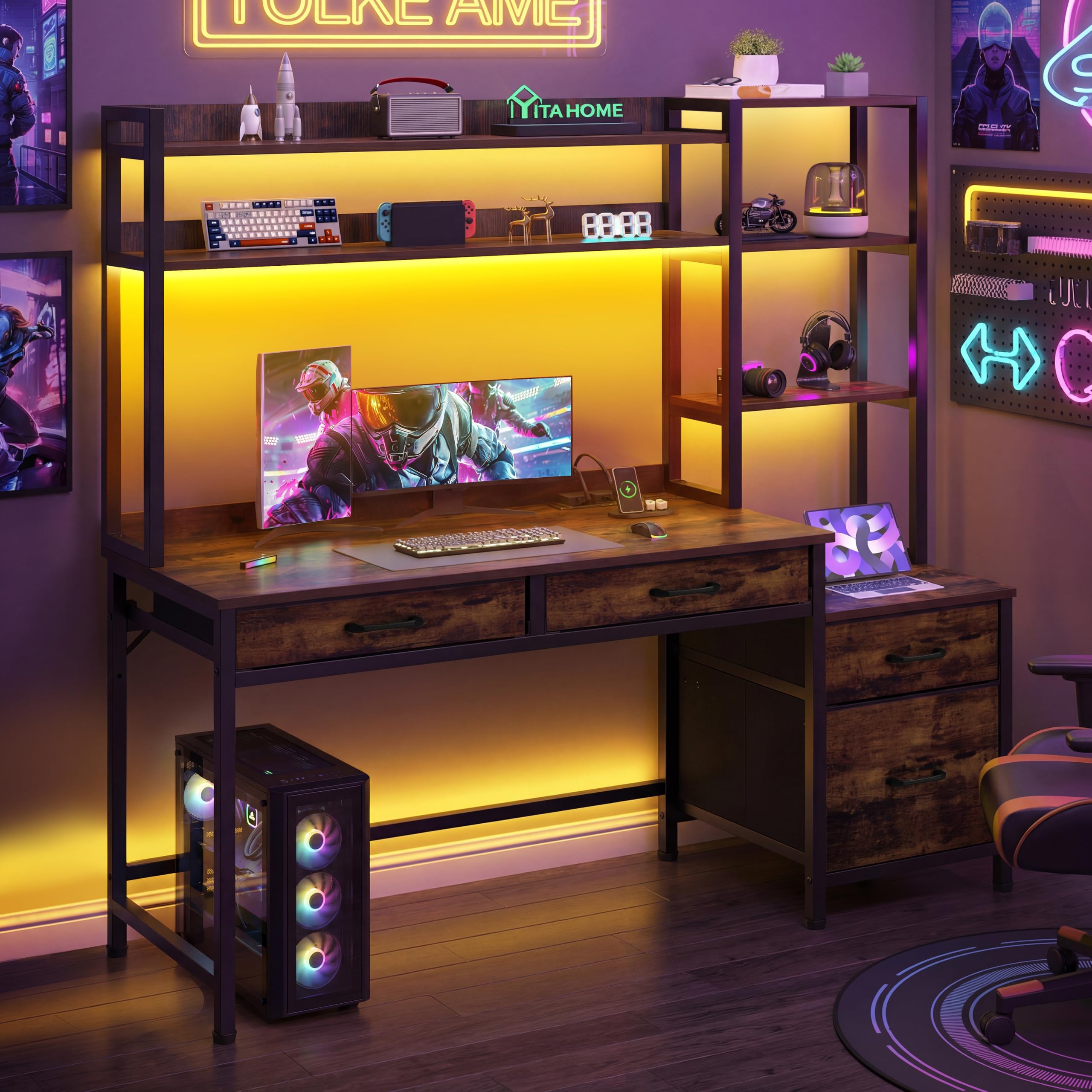 YITAHOME Computer Schreibtisch mit Schubladen, 150W x 50D x 150H cm Eckschreibtisch Für Home Office, Computer Tisch Aufbewahrungen & Regale, Gaming Schreibtisch mit LED Licht & Steckdosen, Braun