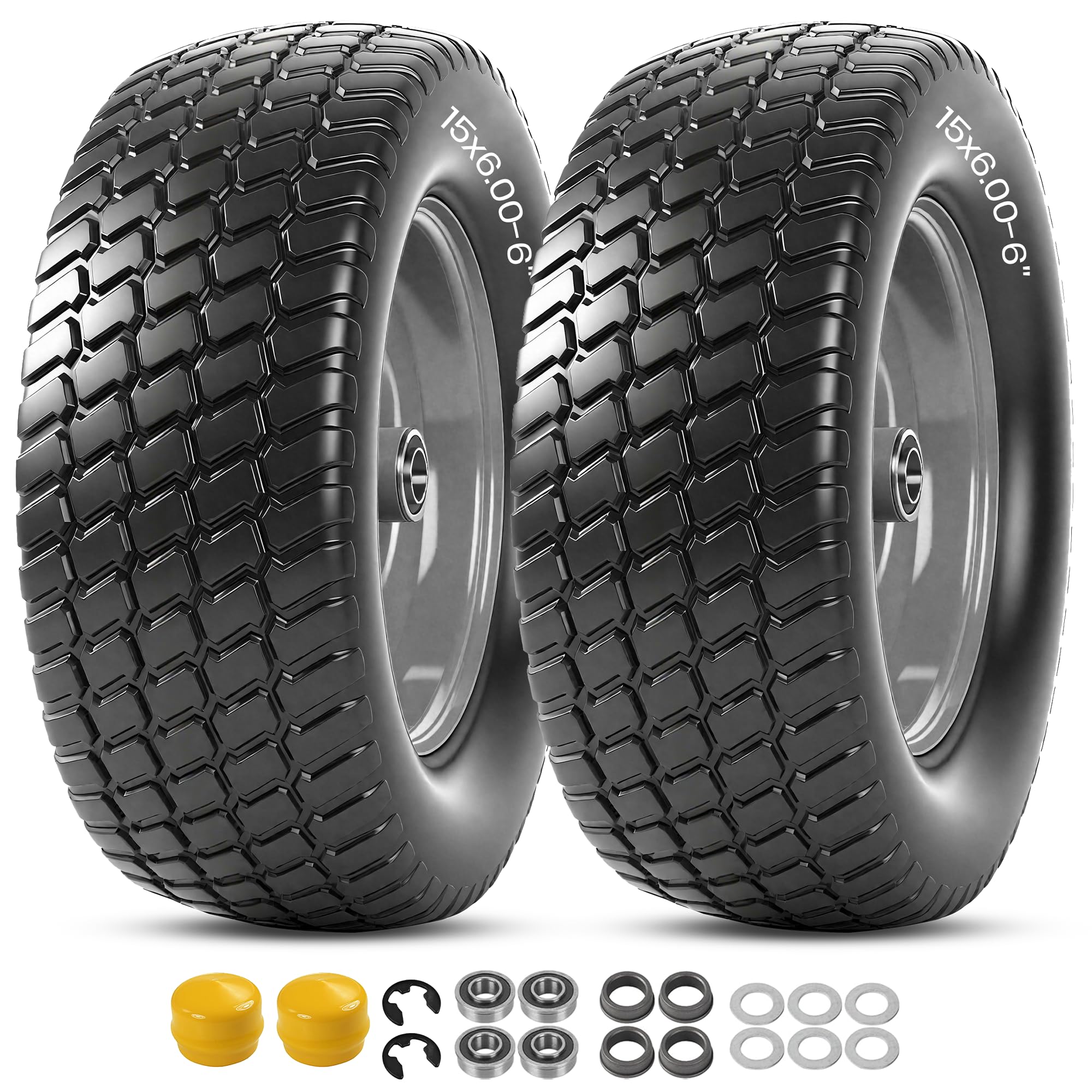 Photo 1 of ***MISSING PIECES -SELLING AS IS *** AR-PRO (2-Pack) 15x6.00-6 Flat Free Tire and Wheel, Solid Lawn Mower Front Tires with 3" Centered Hub,  Compatible with Riding Mower Lawn Tractor