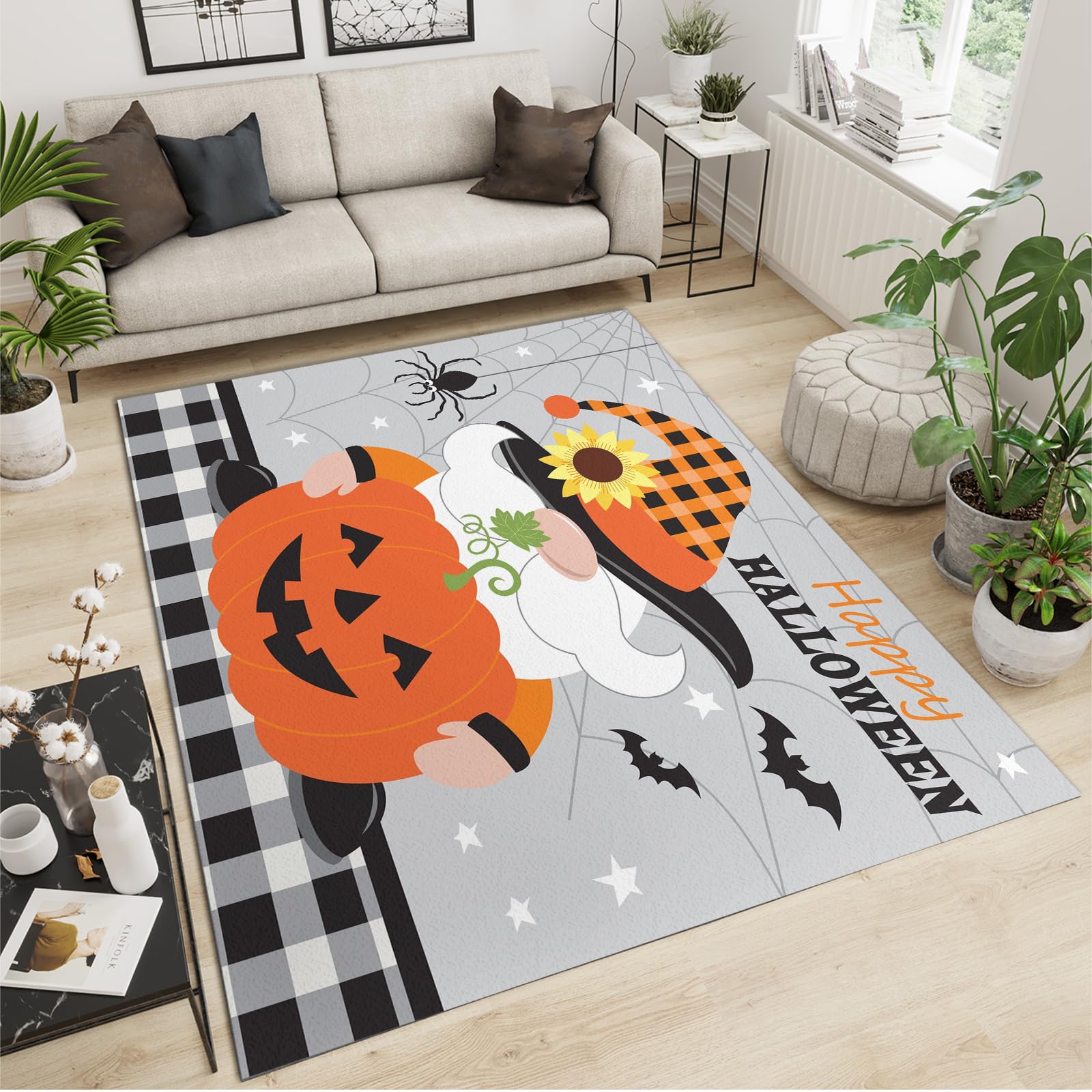 QDJKBL Area Rugs 60 x 120 cm Halloween Holiday Home Decoration, Black Spider Web Bat Pumpkin Entrance Carpet, Non-Slip Mat Bright Color Light Texture for Living Room Study Bedroom