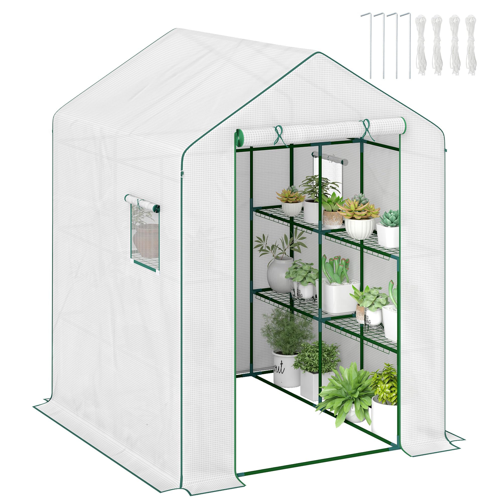 Outsunny Serra per pomodori da giardino con 1 porta, 2 finestre, ripiani 3 livelli per Ortaggi Piante Fiori Telone PE 140 x 143 x 190 cm Bianco