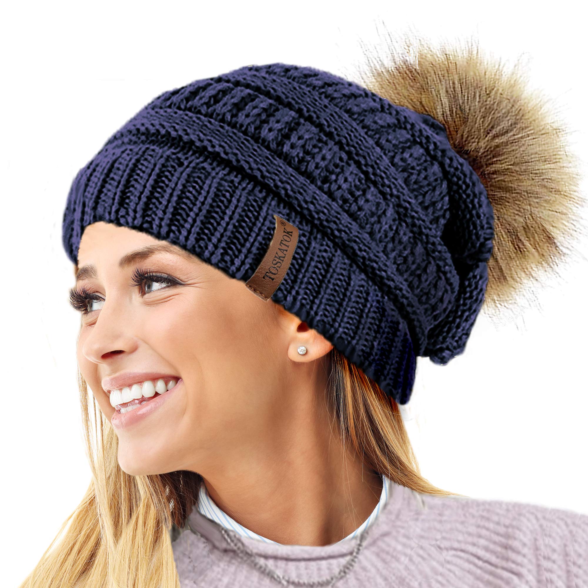 Toskatok Women's A-Navy 2 Pompoms Toskatok® Textured Knit Beanie Hat With Detachable Faux Fur Pom Pom - Buy With 1 2 Pom Poms…