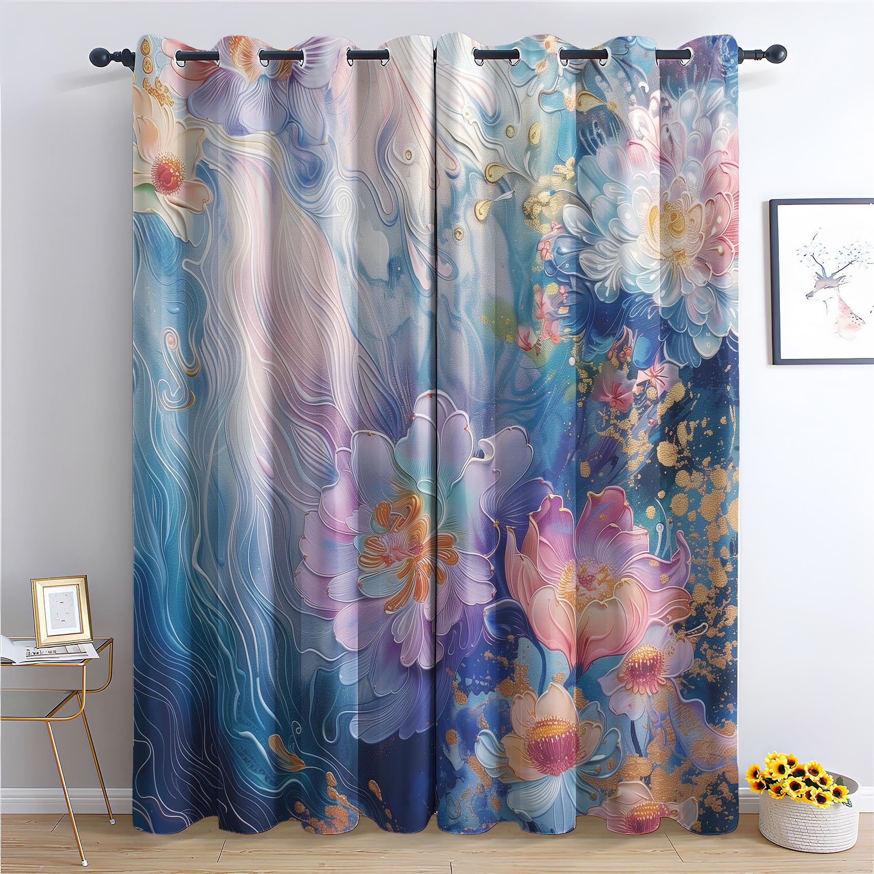 Floral Curtains for Bedroom Living Room - Girls Colourful Flower Blackout Curtains 46 x 54 Inch (Width x Drop), Thermal Insulated Eyelet Curtains & Drapes, Window Treatments Q-&101