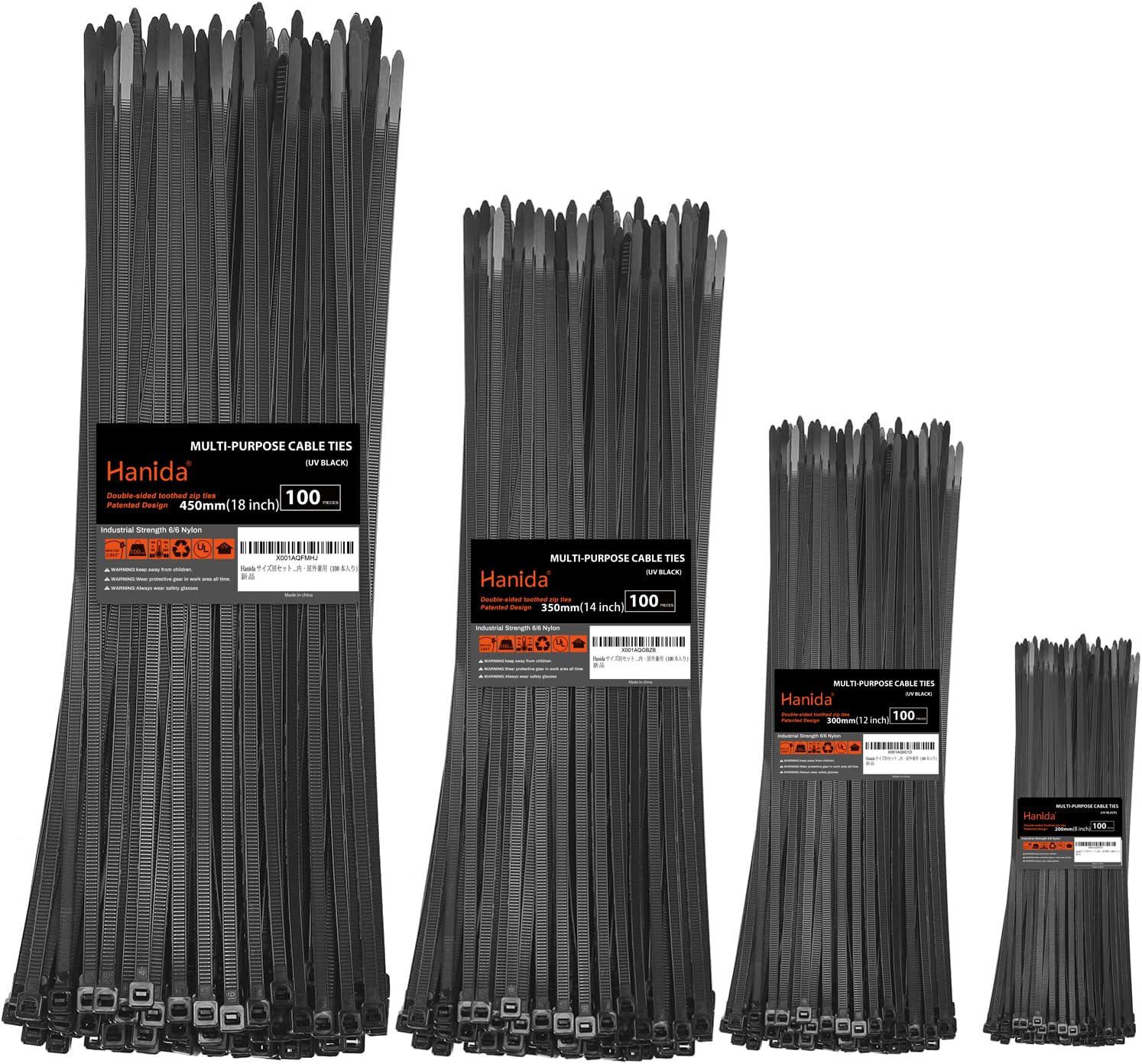 Hanida kabelbinder set in verschiedenen Größen (400 Stück)20+30+35+45cm, beidseitig gezahnt, 45kg Zugfestigkeit stark duty Kabelschnäure aus strapazierfährem Nylon, geeignet für Innen und Außenbereich