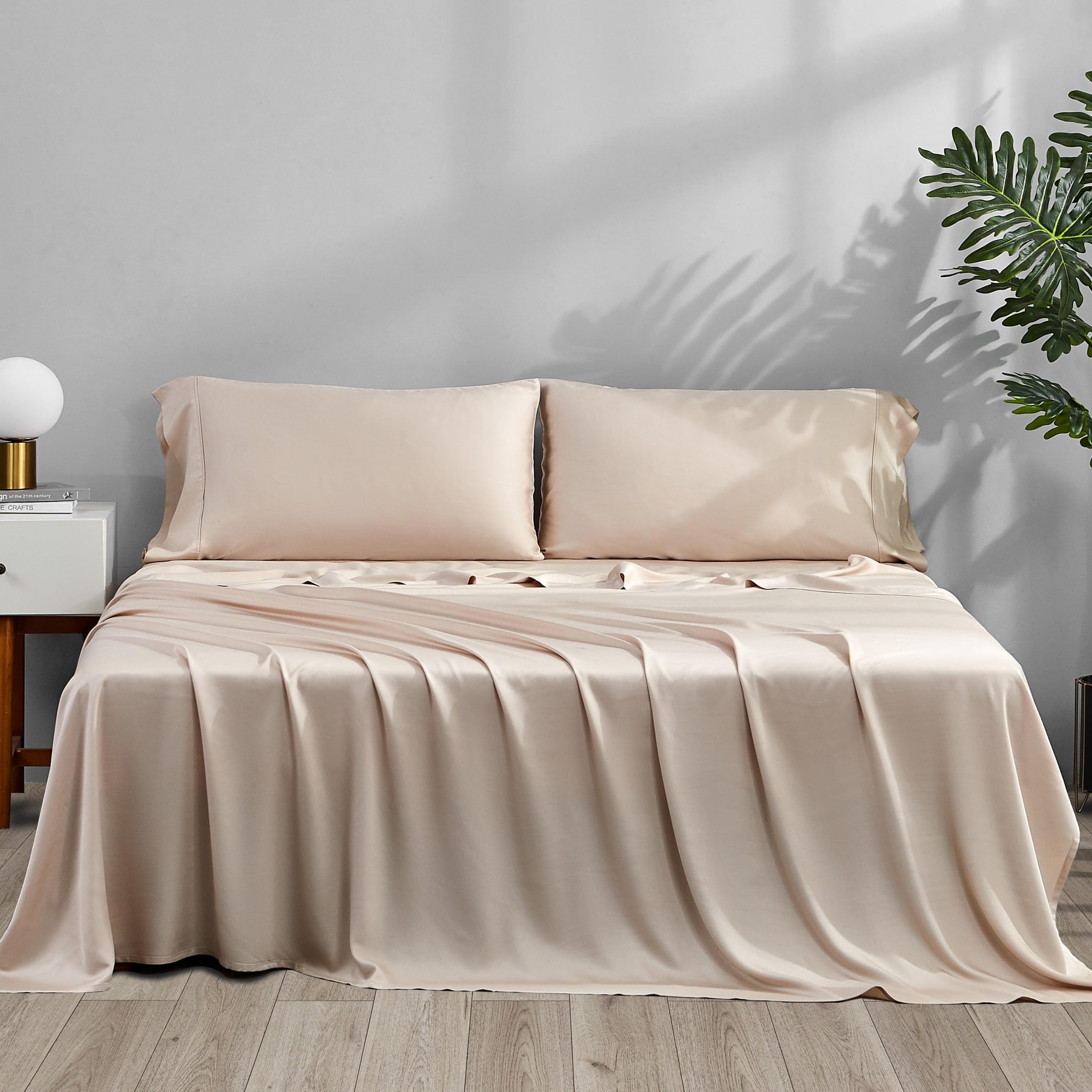 ACCURATEX Bamboo Sheets Queen Size- 100% Viscose Made from Bamboo, Luxury Hotel Style Cooling Sheet Set for Hot Sleepers, Super Soft Breathable Bedding Sheets up to 40 CM Deep Pockect,Sandy - Queen - Sandy