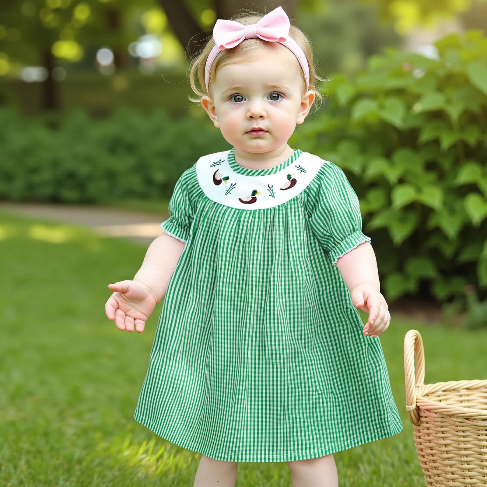 Toddler Baby Girl Summer Clothes Duck Embroidery Dress Plaid Short Sleeve Princess A-Line Dresses Hunting Outfit (Green, 2-3 Years)