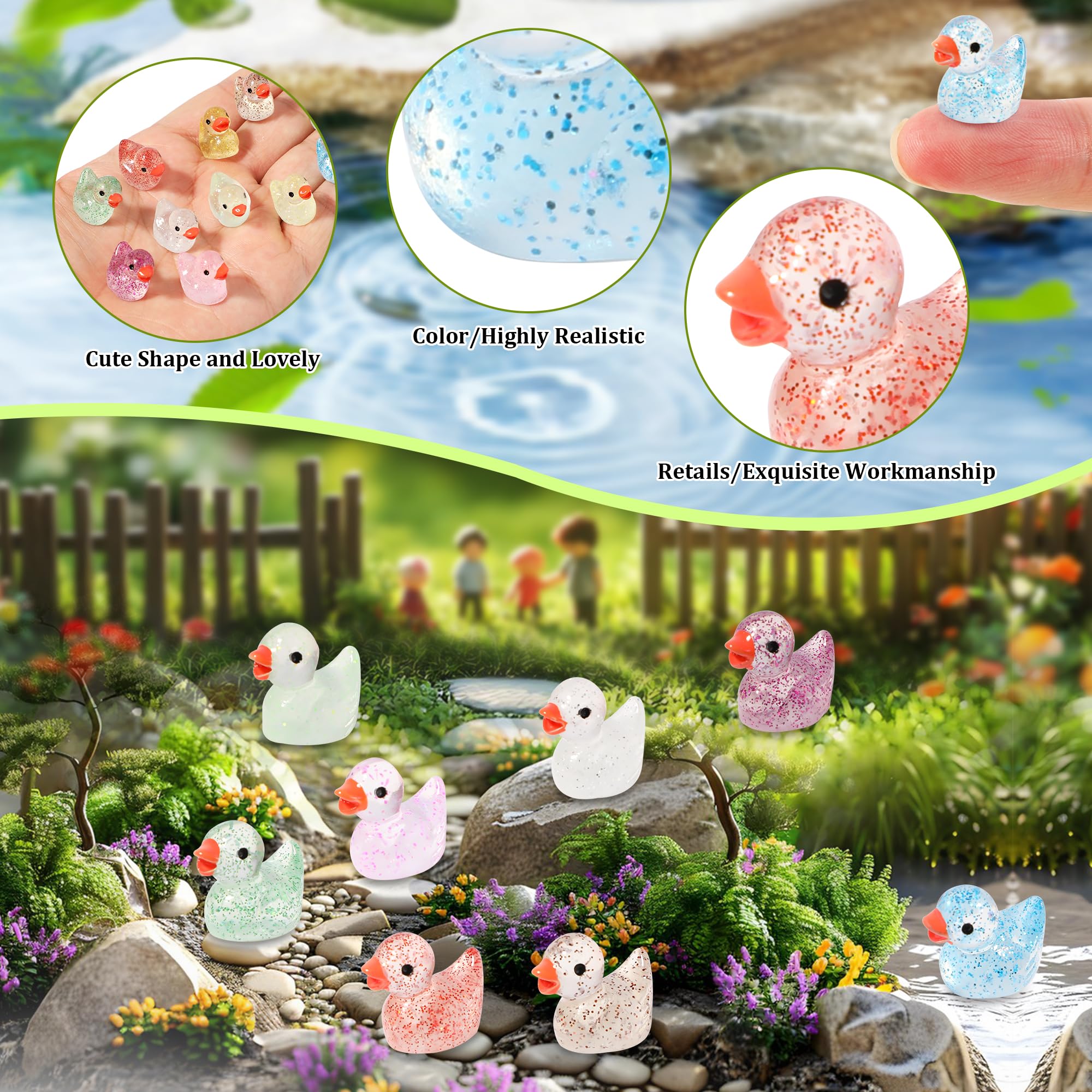 120 Stuks Eenden Miniatuur, Kleine Figuren, Mini Lichtgevende Hars Eendjes, Kleurrijke Decoraties voor Aquarium, Tuin, Landschap, Poppenhuis en DIY