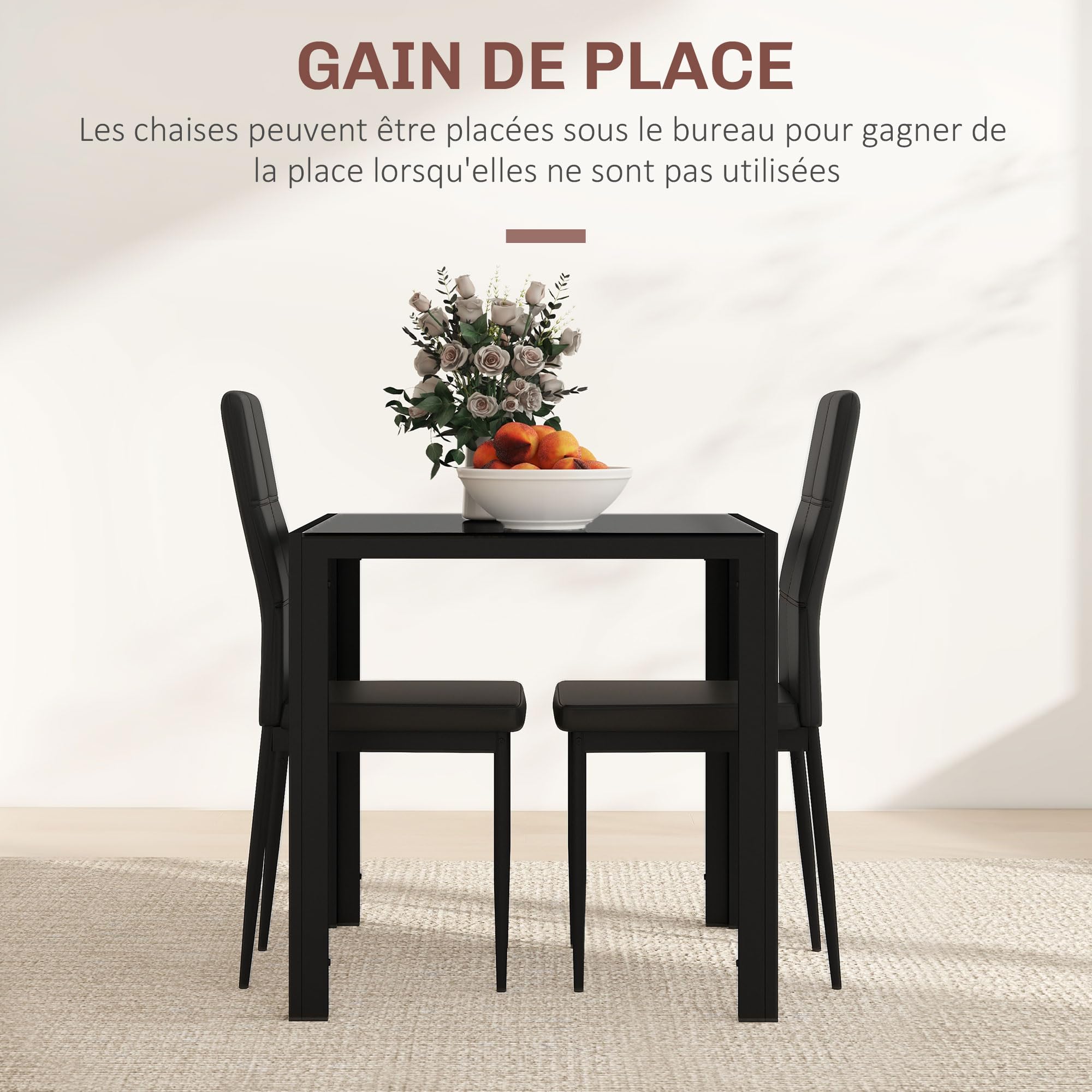 HOMCOM Ensemble Table à Manger et Chaises pour 2 Personnes, Table de Cuisine, Plateau Rectangulaire en Verre, Structure en Métal, Noir