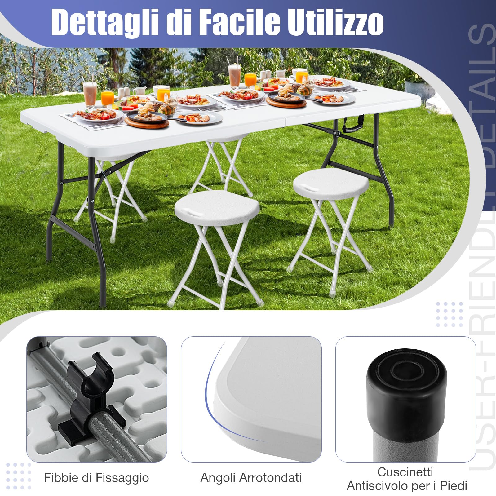 COSTWAY Tavolo da Pranzo Pieghevole 180 cm, Tavolo Campeggio con Maniglia | in Plastica, Gambe in Metallo e Piedini Antiscivolo, per Picnic, Campeggio, Giardino, Portata 180 kg
