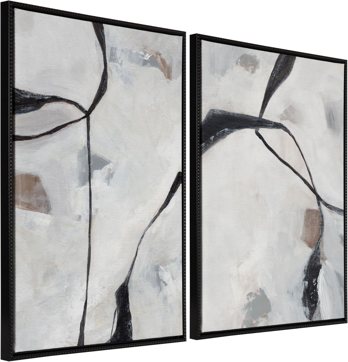 Kate and Laurel Sylvie Beaded In the Quiet of Thought 1 and 2 Vintage Framed Canvas Wall Art Set by Nikita Jariwala; 2 Piece Set 28x38 Beaded Black; Abstract Painted Art Set for Wall