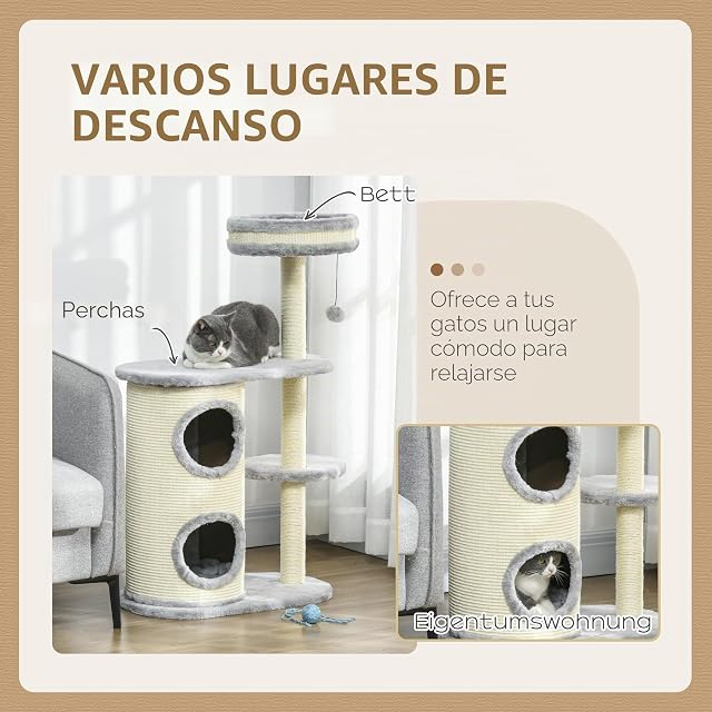 Foto 4 de 8 de PawHut Árbol gato 100cm,Barril rascador y Pelota,gatos bajo 5kg,Gris