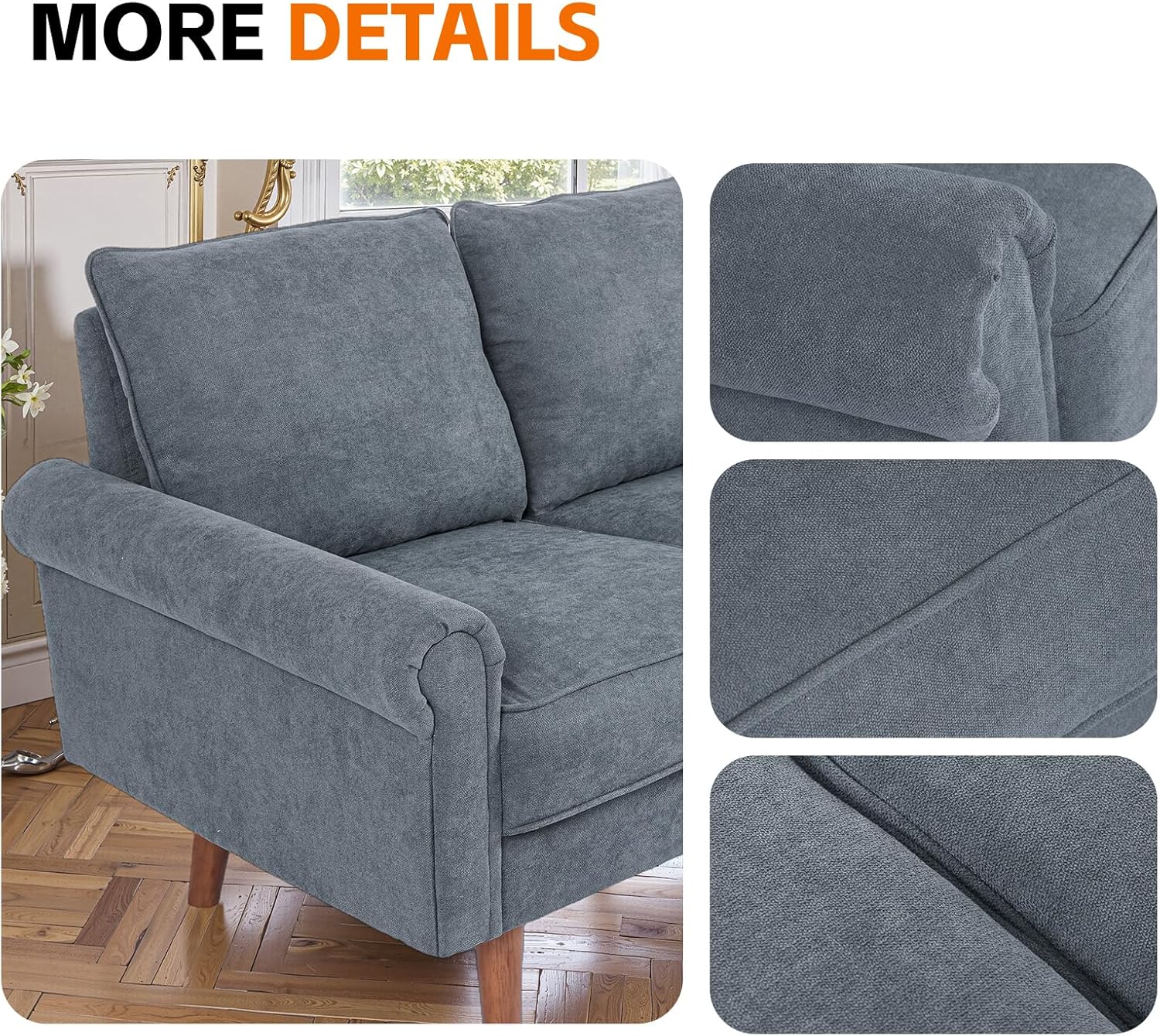 53-Inch Modern Velvet Loveseat Sofa with Rolled Armrests, Removable Cushions, Solid Wood Legs, Comfy Two-Seater Sleeper Couch, Easy Assembly for Living Room, Bedroom, Office, Black (Grey, 2 Seater)