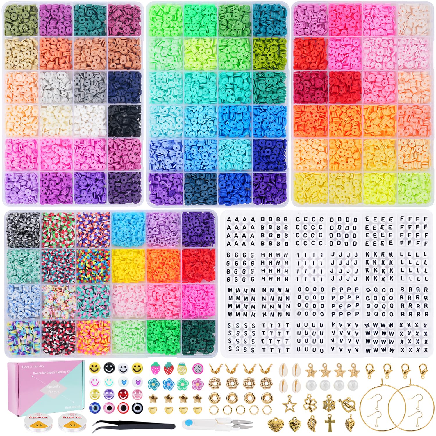 Joymico 16,000 pcs Clay Beads Bracelet Making Kit, 96 Colors Friendship Bracelet Kits Flat Polymer Clay Heishi Beads for Jewelry Making with A-Z Letters, DIY Crafts Gift for Teen Girls