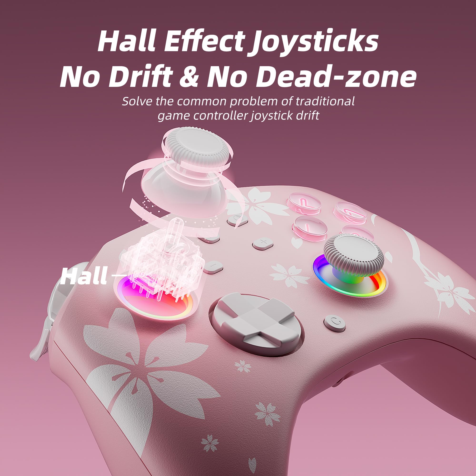 Mytrix Wireless Controllers for Switch/Switch 2, Windows PC iOS Android Steam/Steam Deck,  Bluetooth Controller with Programmable, Hall Effect Joysticks, Adjustable LED Light/Turbo/Vibration: Sakura Pink