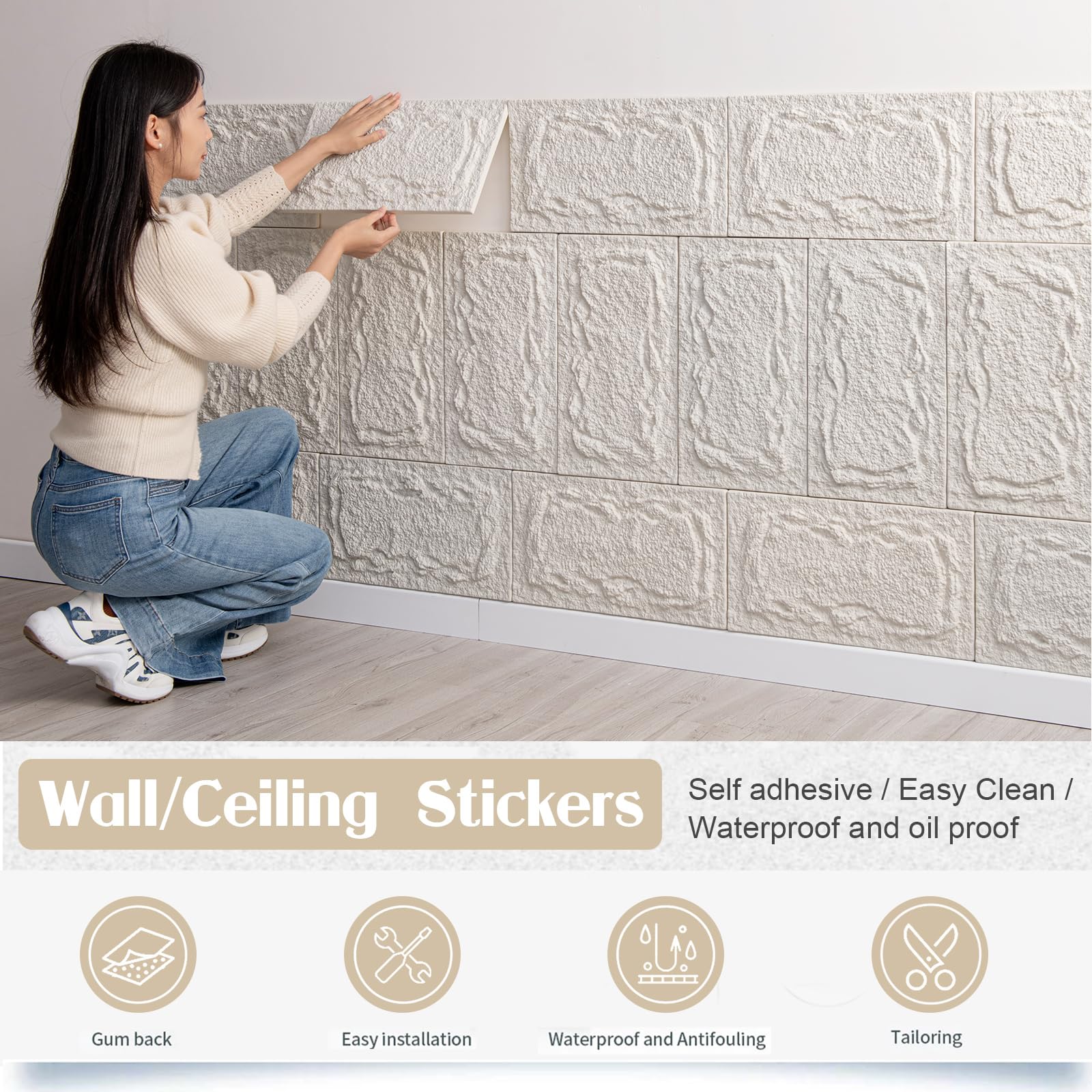 10 Piezas Paneles de Pared 3D con Aspecto de Piedra, 45 x 25cm PVC Paneles Decorativos para Pared interiores y exterior, Paneles Acústicos 3D, Revestimiento de Pared (Blanco)