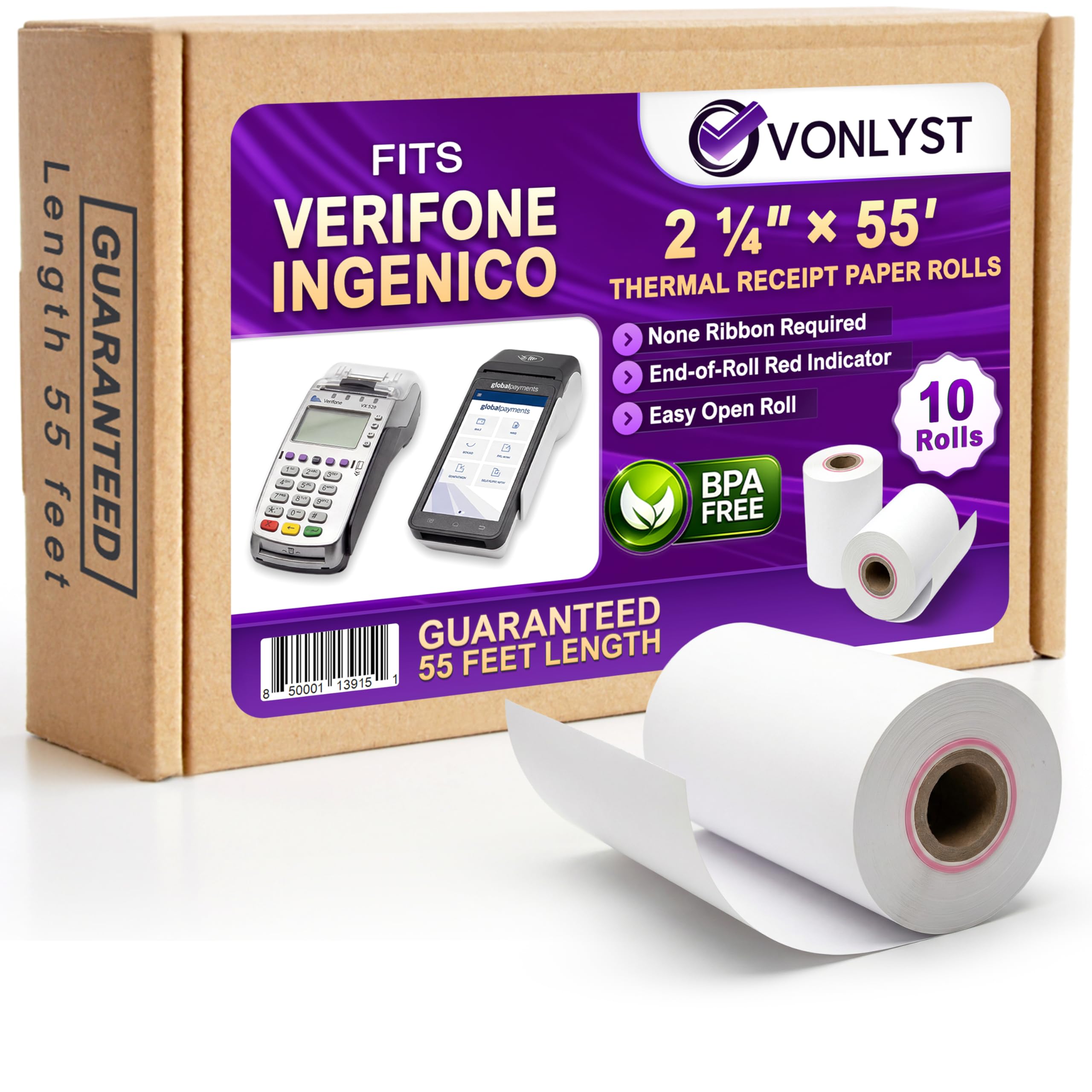 Verifone & Ingenico Thermal Paper Rolls 2 1/4" x 55' (10 Pack) BPA Free Receipt Paper for VX520 VX680 T650 V400m ICT220 ICT250 Desk 3500 Move 5000 Credit Card Machine