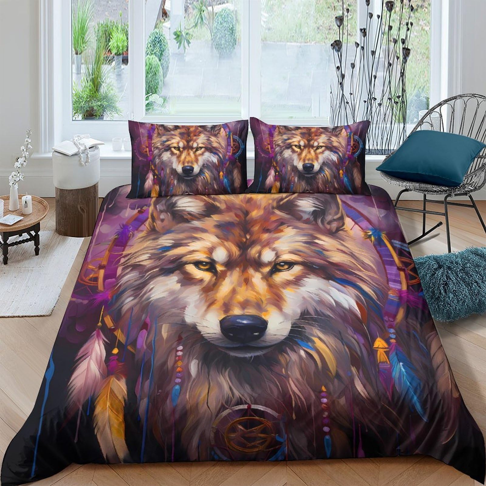 GPLZQXKJNH 3D Printed Wolf Dreamcatcher Duvet Cover Set Microfiber Soft Breathable Feather Bedding Set with 2 Pillowcases for Bedroom Decor Single（135x200cm）