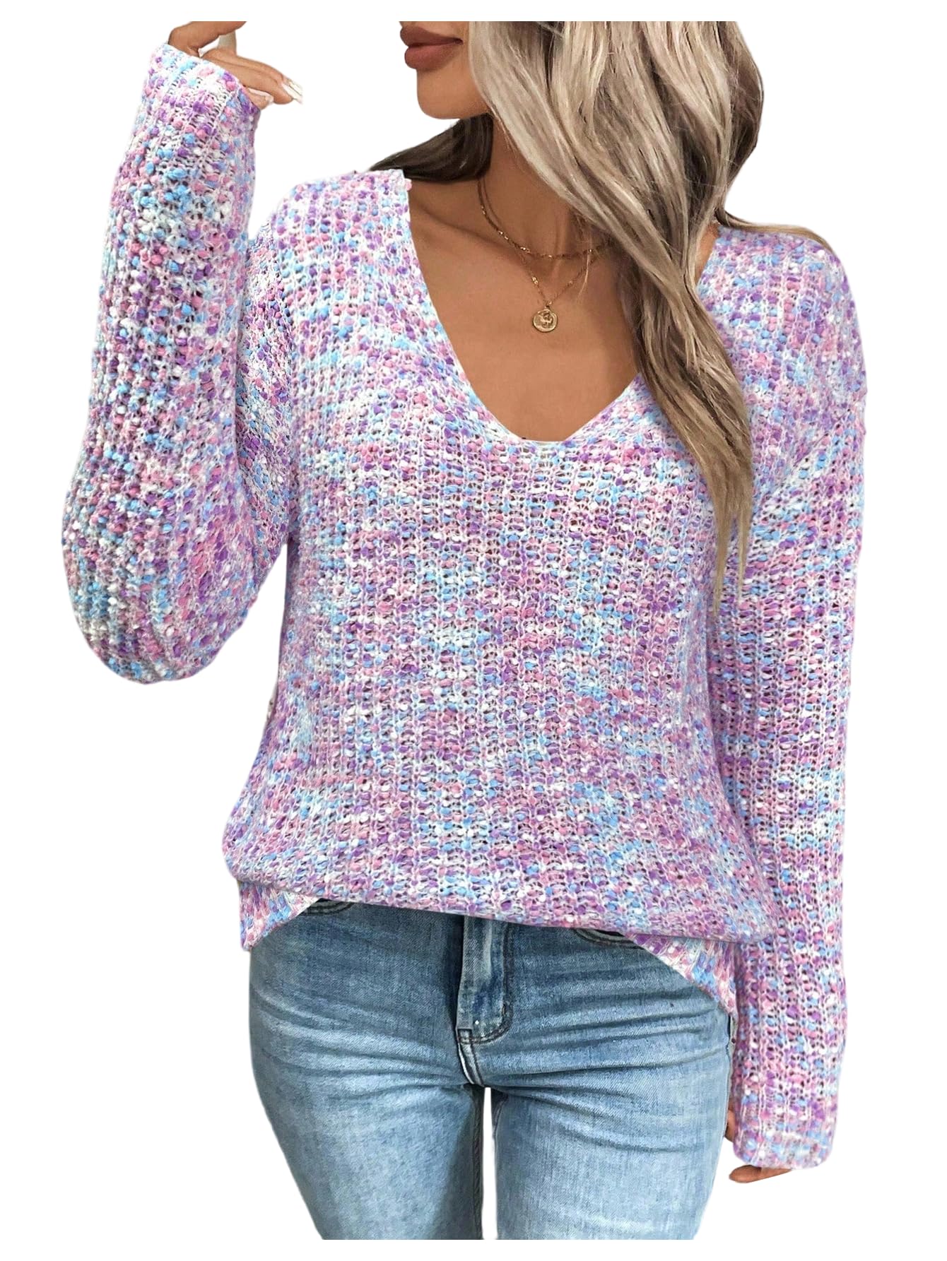 SOLY HUX Womens Sweaters Rainbow Pom V Neck Long Sleeve Knit Fall Trendy Pullover Sweater Tops
