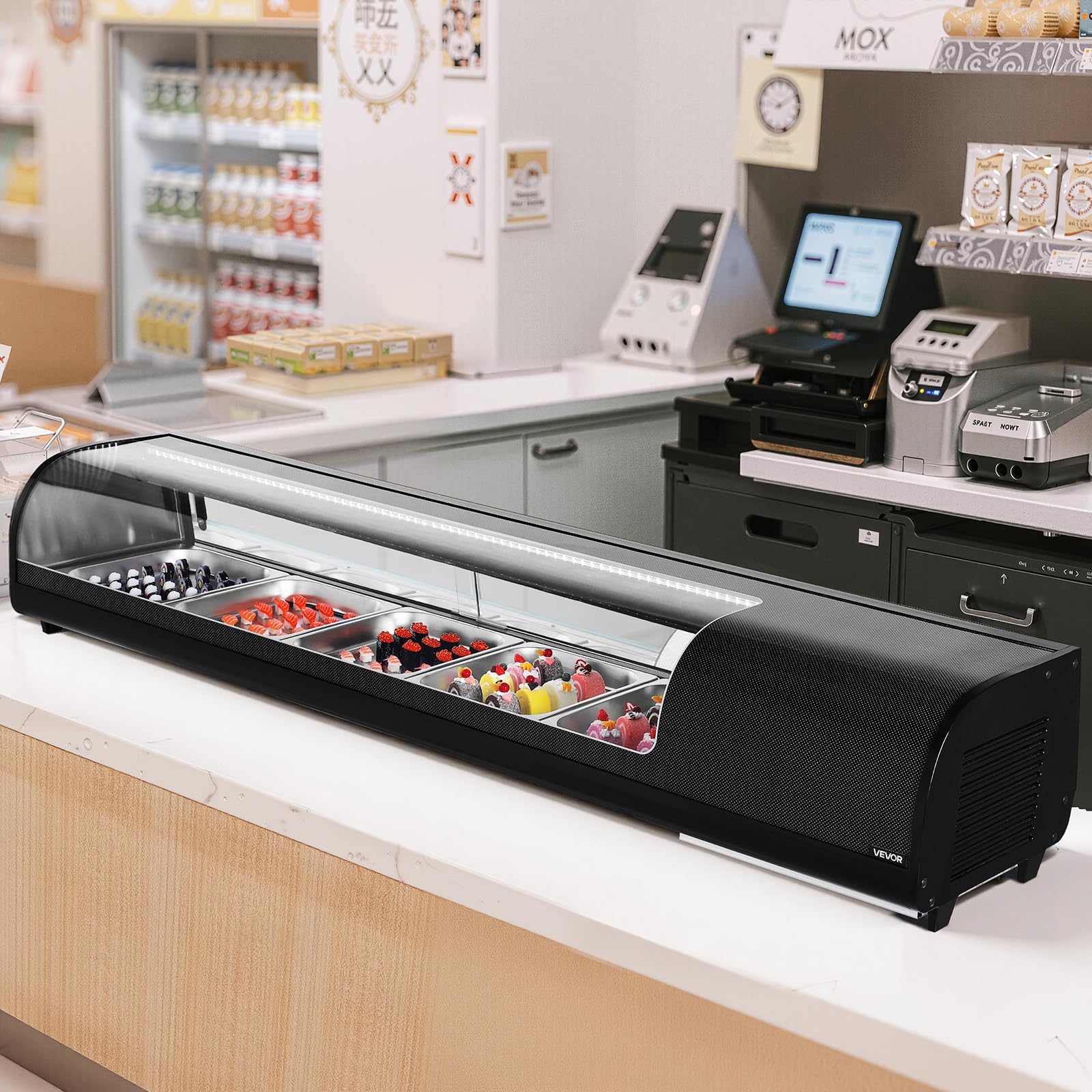 VEVOR Vetrina Refrigerata per Sushi Commerciale da 82 L, 5 Teglie con Vetro Curvo, Illuminazione a LED e Controllo Digitale della Temperatura, Frigorifero per Bancone Ristorante Negozio
