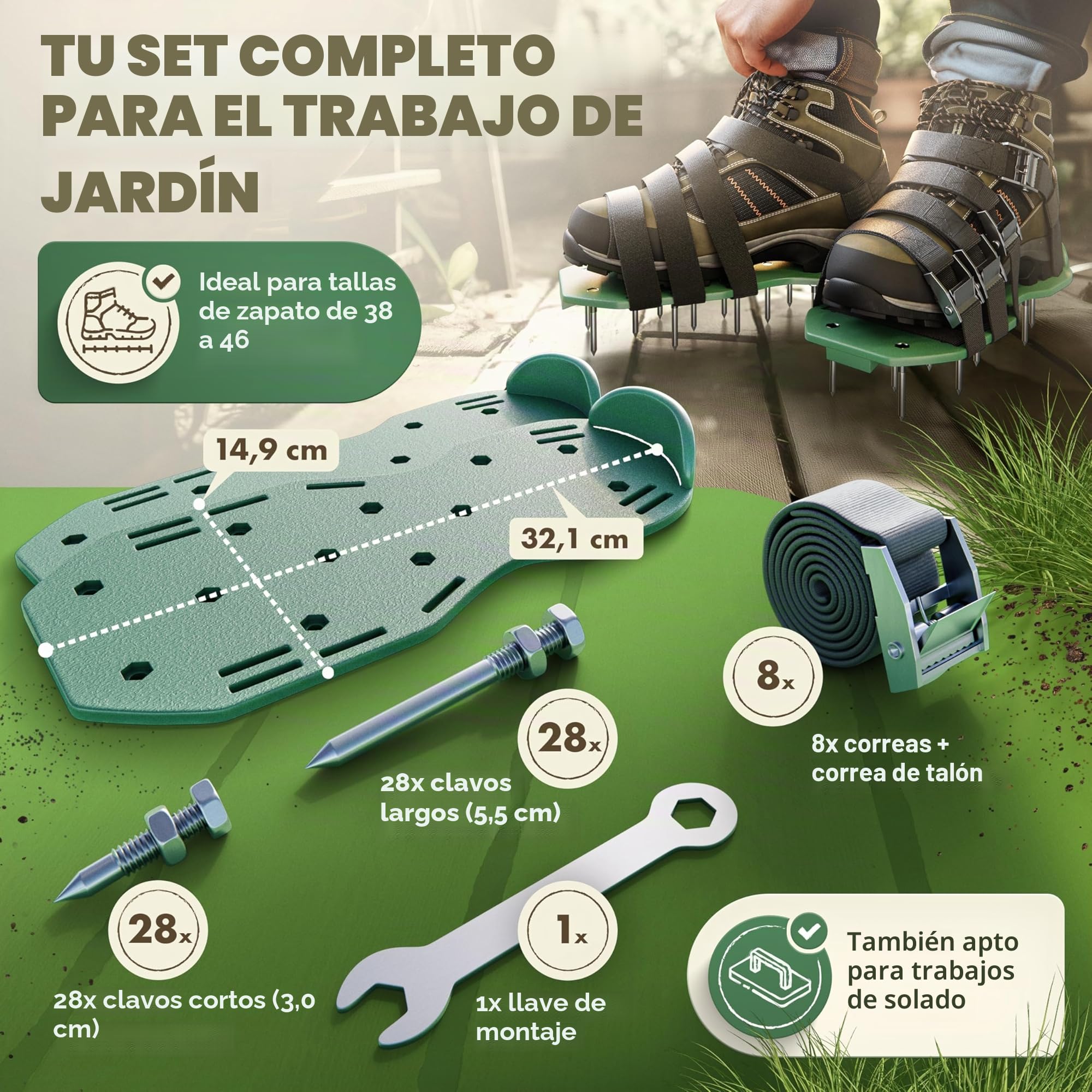 LAINFELD Aireador de césped, zapatos con clavos cortos y largos, aireador de césped con 4 correas, escarificador para césped, zapatos de jardín aerificados.
