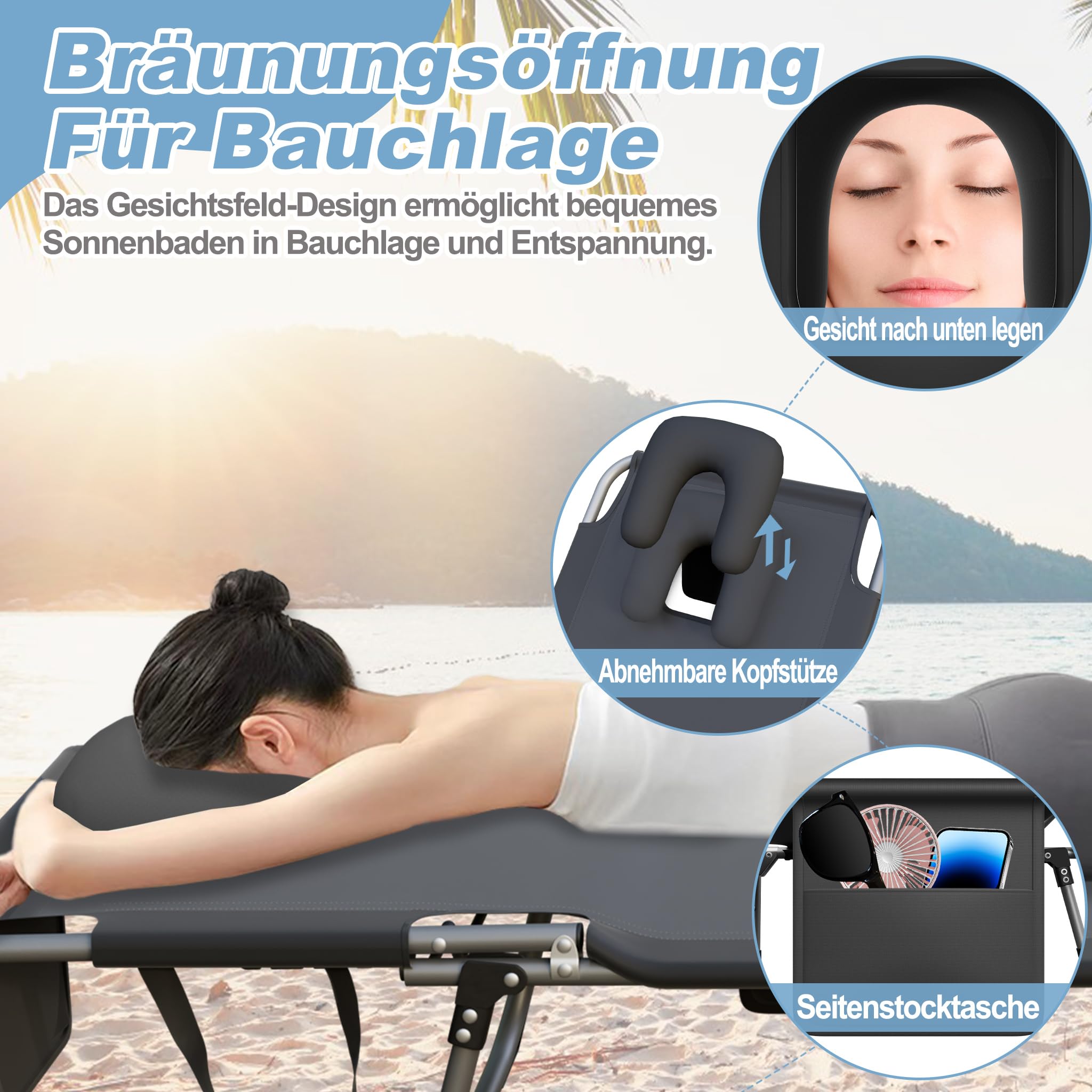 YRHome Klappbare Sonnenliege mit Loch für Kopf - 4-Fach verstellbare Gartenliege & Strandliege - Mit praktischem Tragegriff für Camping, Terrasse & Strand Relaxliege für Sonnenanbeter Dunkelgrau