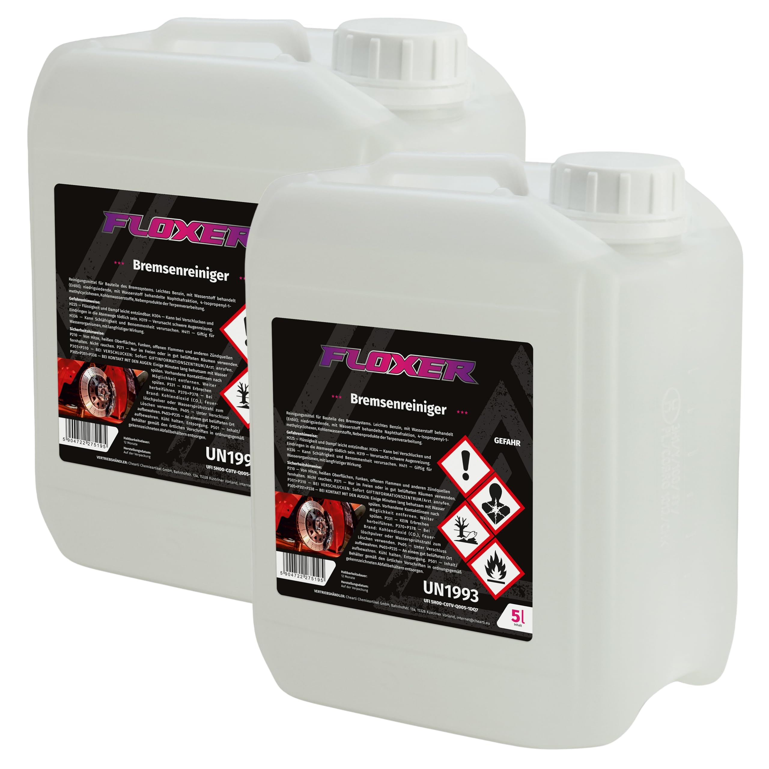 Bremsenreiniger Floxer 10L (2X 5L) - für Auto, Motorrad & Werkstatt - entfernt Öl, Fett & Bremsstaub - Teilereiniger & Motor Entfetter, schnelltrocknend & rückstandsfrei | Hohe Reinigungskraft: Löst hartnäckige Verkrustungen im Handumdrehen