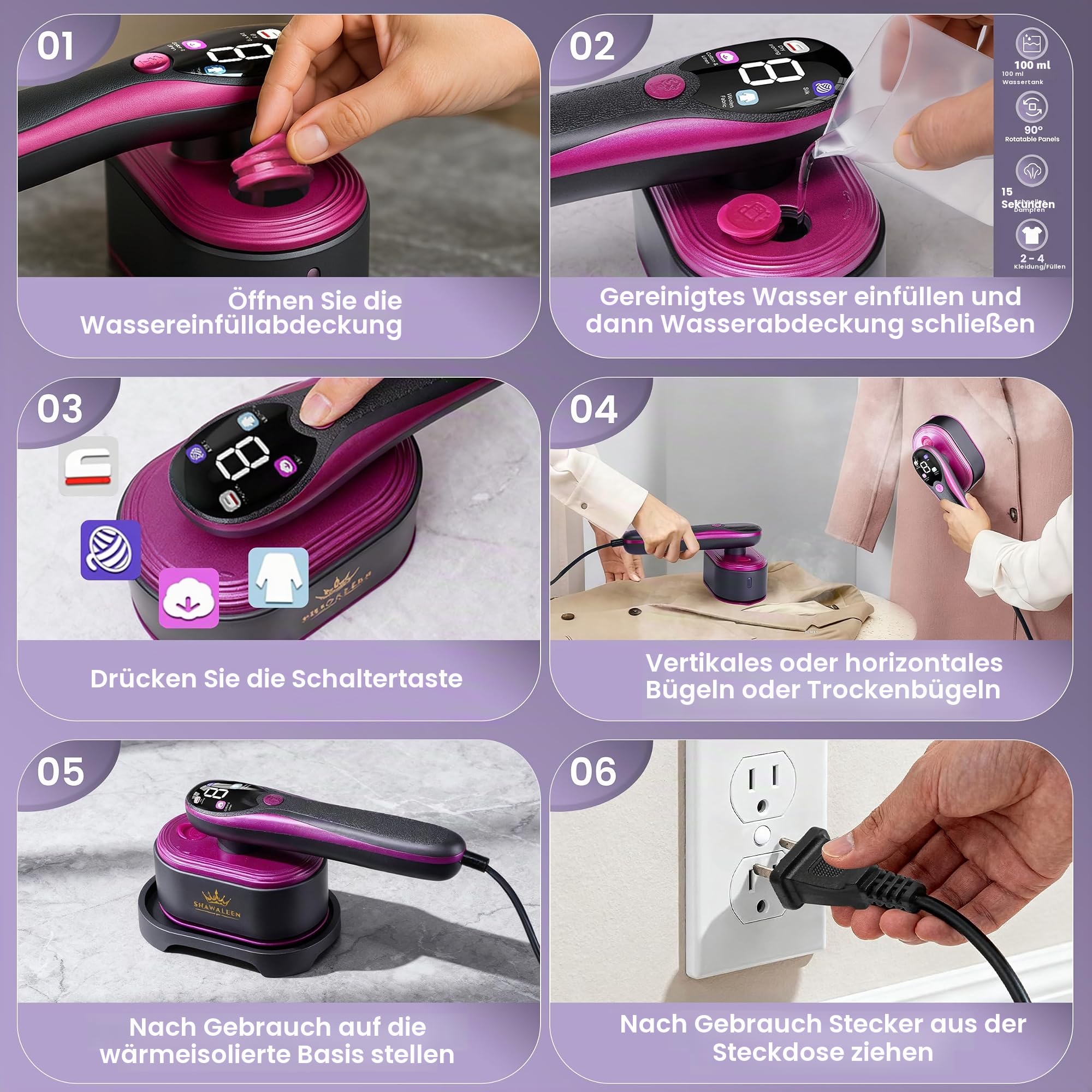 Tragbarer 2 in 1 Reisedampfer für Kleidung, 10 Sekunden, Wasserdampfdesign mit Keramikheizung, 4 Dampfmodus mit LCD-Anzeige und Kompakttank 110ml
