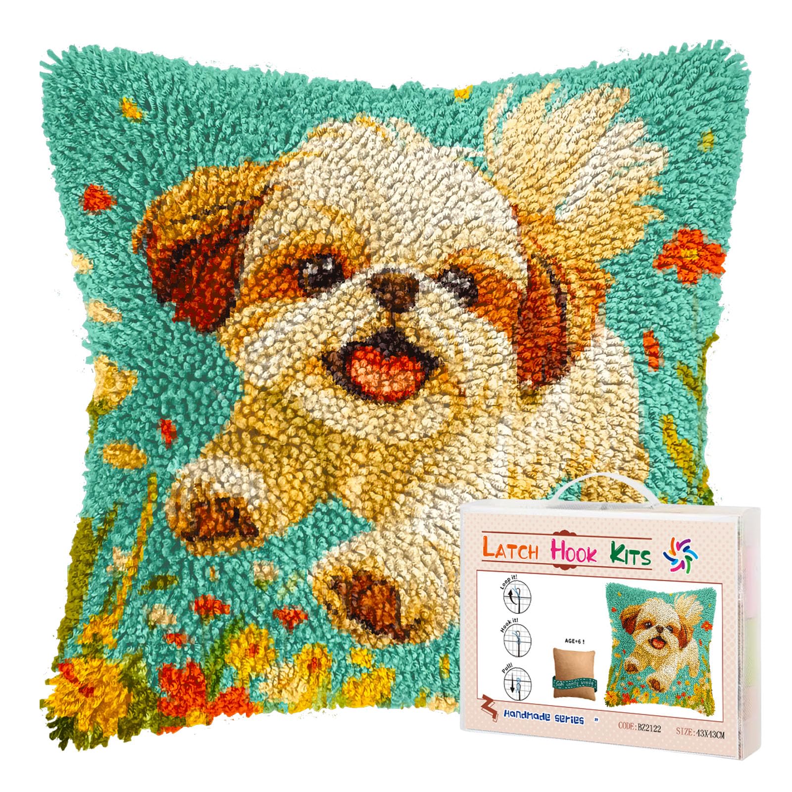 DIY Latch Hook Pillow Kits for Adults Cute Shih Tzu Dog Running in Flowers Printed Pillowcase Crochet Yarns Hooking Handmade Pillow Cover Cushion for Home Sofa Decoration 17x17inch-19