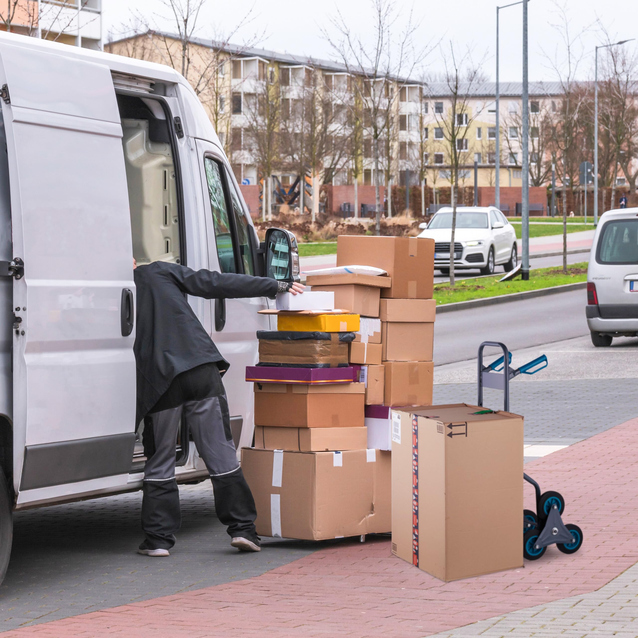 Relaxdays Carretilla Sube Escaleras, Carro Transporte Plataforma Plegable, hasta 200 kg, Altura Regulable, Gris/Azul