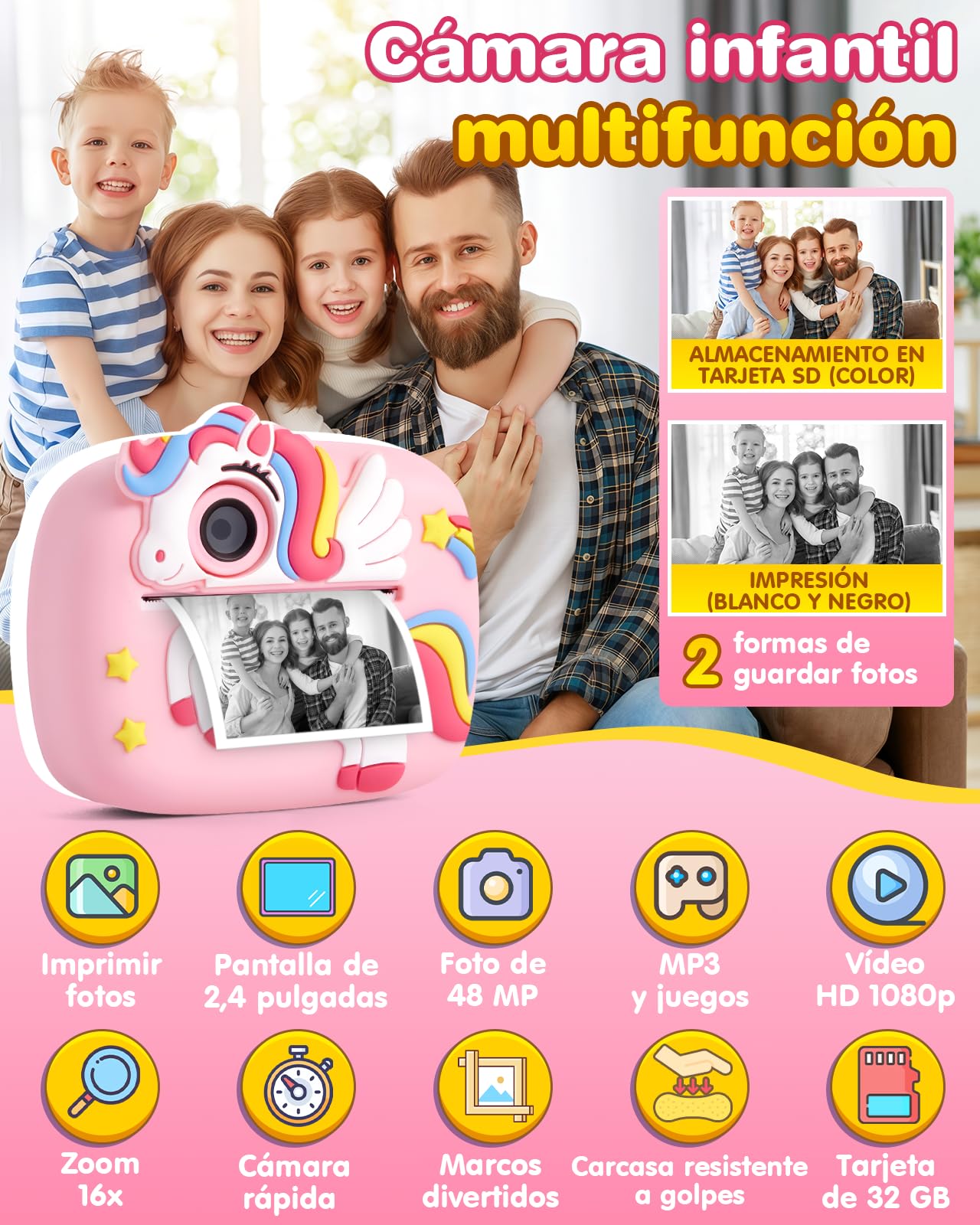 Camara Fotos Infantil Instantanea, 48MP 1080P Cámara Instantánea para Niños con Tarjeta de 32G y 4 Rollos Impresora, Maquina Fotografia Instanea Regalo de Juguete para Criança de 3 a 12 Años