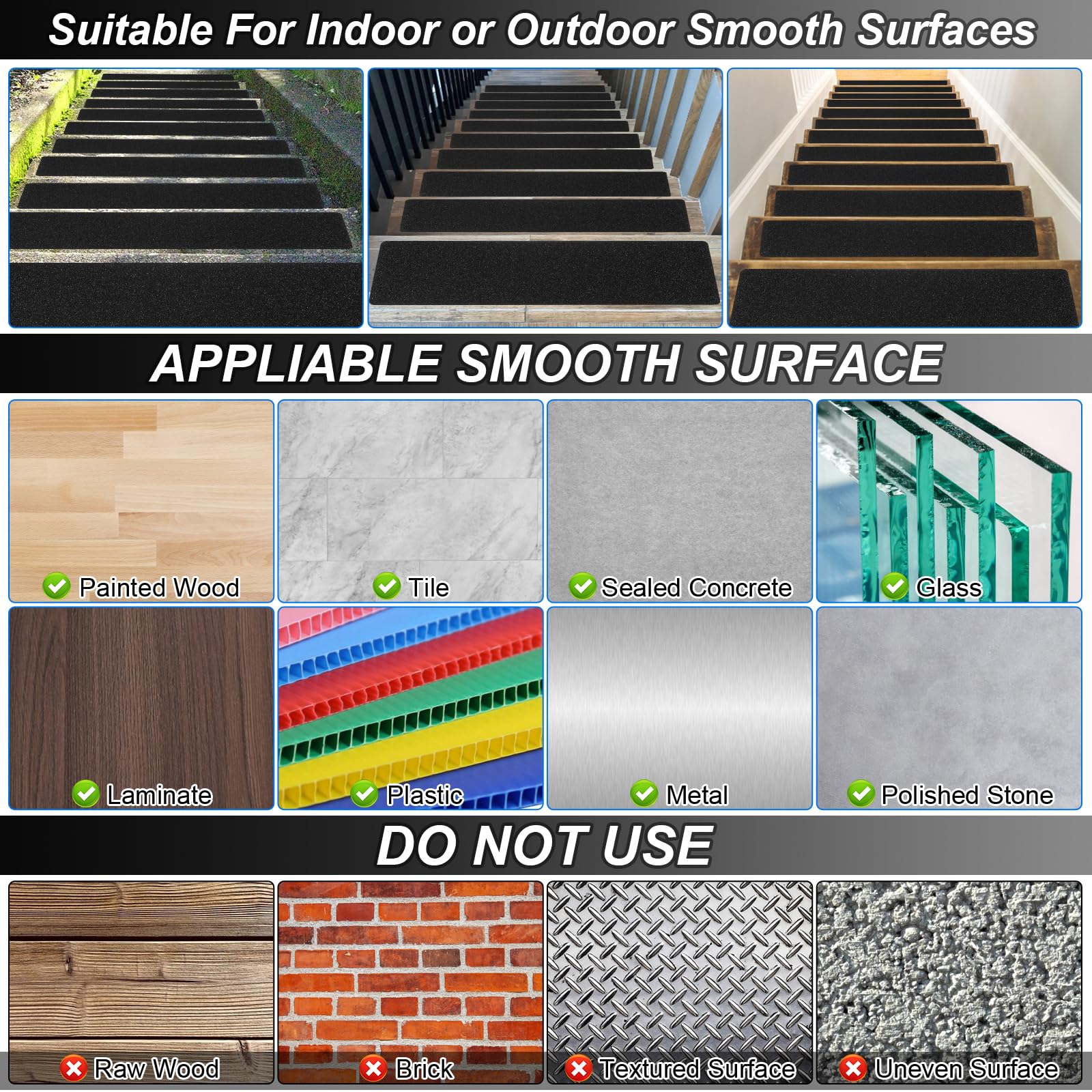 SMILOOL Tiras antideslizantes para peldaños de madera para exteriores, paquete de 10 unidades de 6 x 24 pulgadas, cinta de agarre antideslizante precortada para escaleras exteriores, alfombrillas