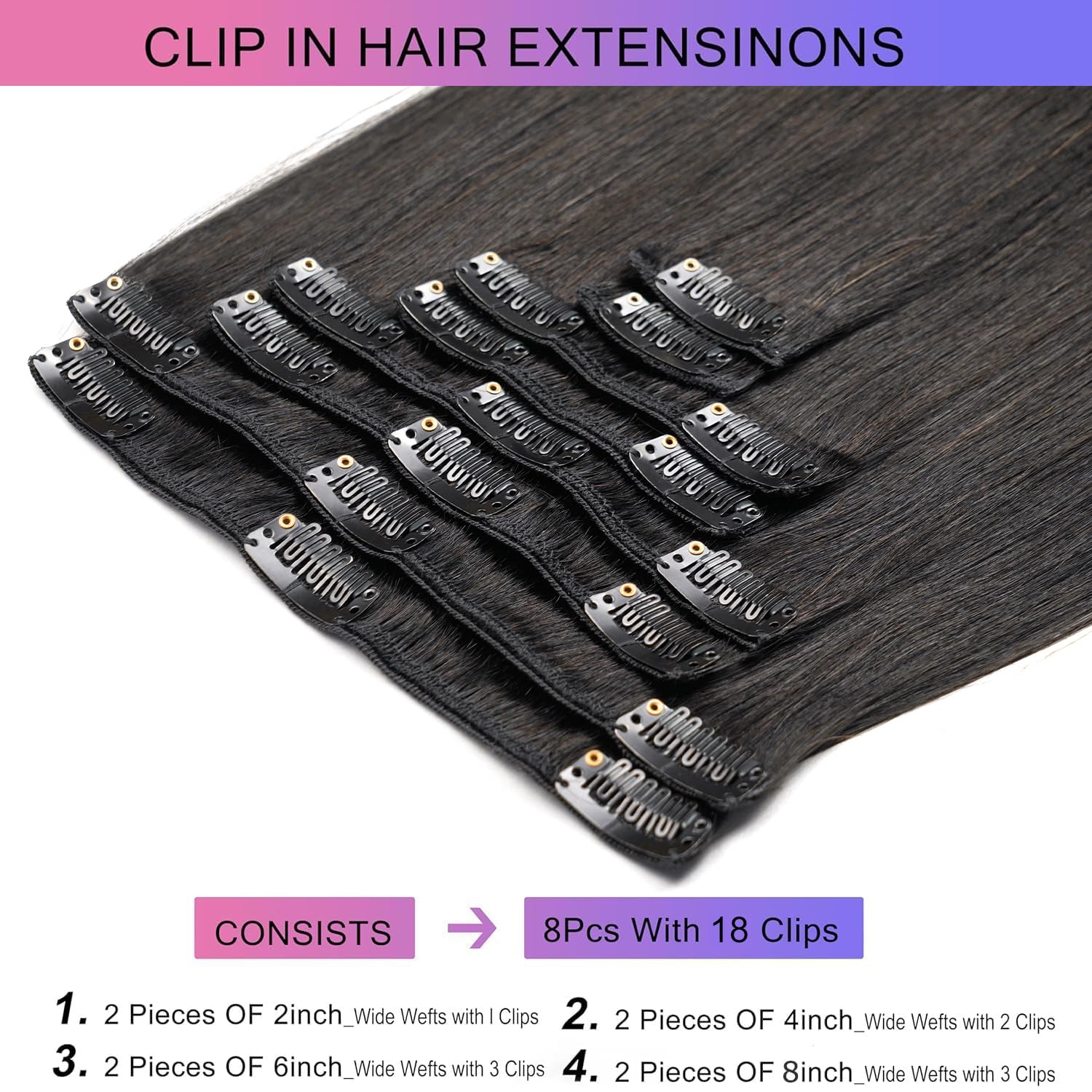 Clip in Hair Extensions Real Human Hair, 20 Inch 105g/3.7oz, 1B Natural Black, Invisible Seamless Straight Remy Human Hair Clip in Extensions for Women 8pcs Per Set with Double Weft