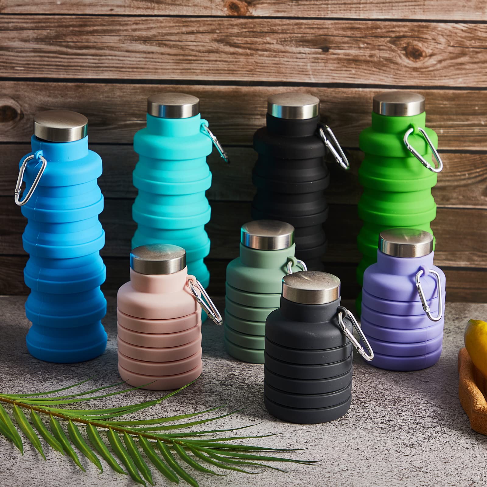 Lallisa 8 bottiglie d'acqua pieghevoli in silicone, riutilizzabili, 500 ml, portatili, leggere, con moschettone, per palestra, escursionismo, campeggio, viaggi, 8 colori