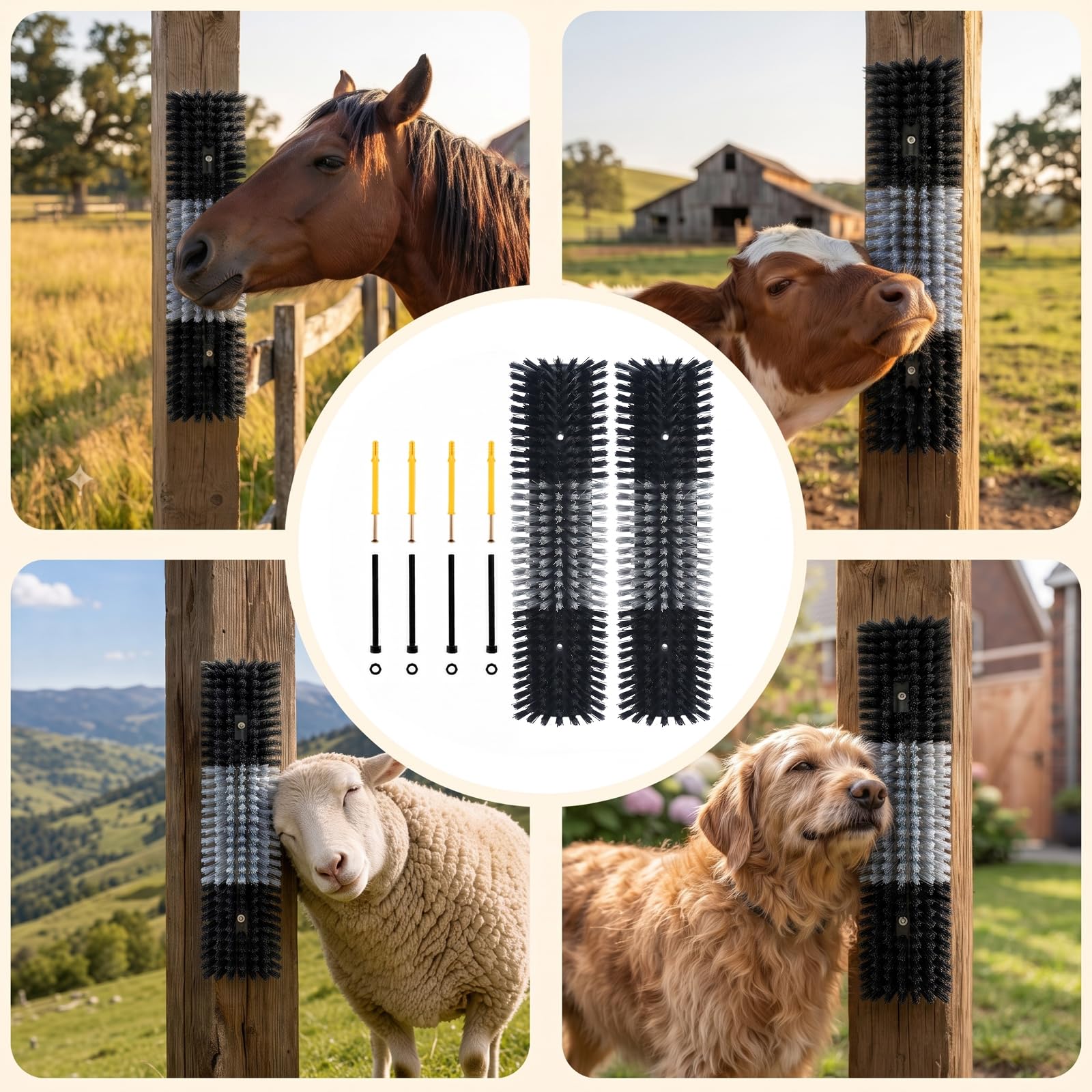 Spazzola antigraffio per bestiame per bovini, cavalli, capre, mucche, spazzola resistente per graffiare il pelo sano, allevia il prurito, facile da installare su pali di recinzione (4 pezzi, nero)