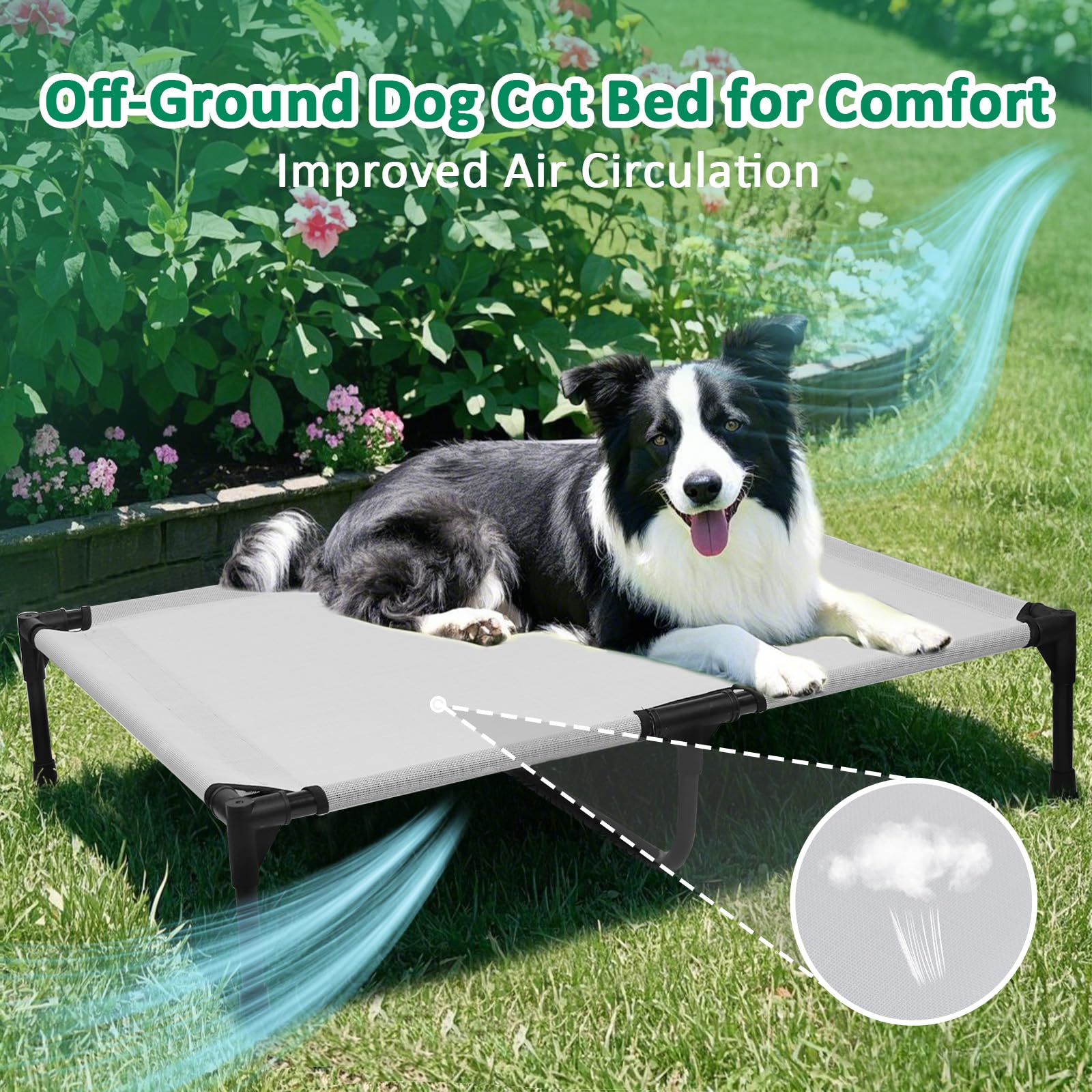 KMFYZYE Elevated Dog Cots Beds for Large Dogs, Raised Outdoor Dog Bed with Frame, Lifted Pet Hammock Beds with Breathable Mesh, Non Slip, Easy to Clean, Grey