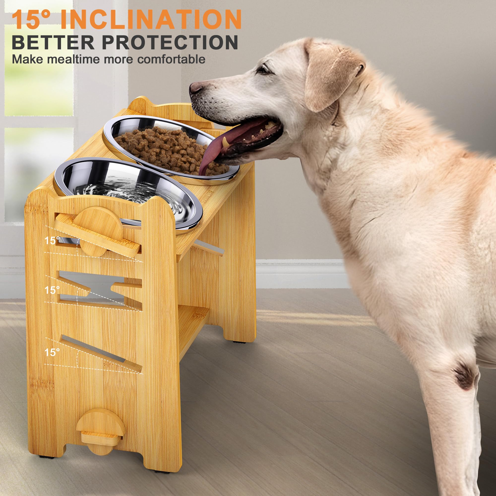 Seasoulstar Elevated Dog Bowls,Adjustable Raised Dog Bowls with 2 Stainless Steel Bowls for Large Dogs - Tilted Dog Bowls Non-Slip Feet Durable Bamboo Stand(Large Dogs, Bamboo)