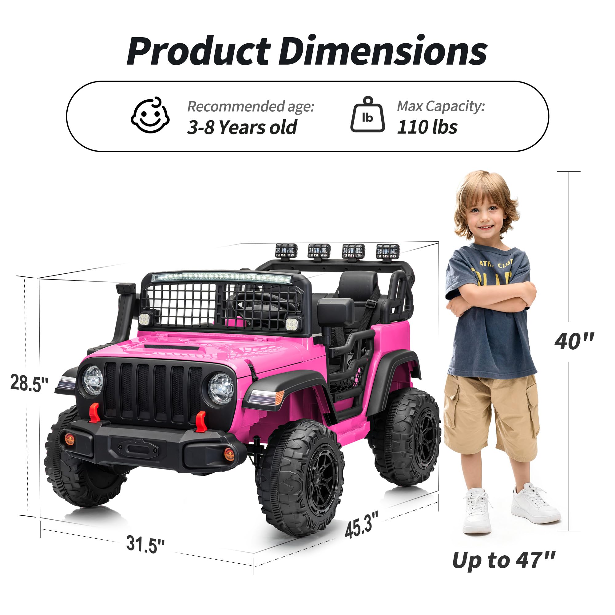 2 Seater Ride on Car Toy, 12V Electric Car for Kids 4-8 with Remote Control, Capacity 110 lb, LED Light - Pink