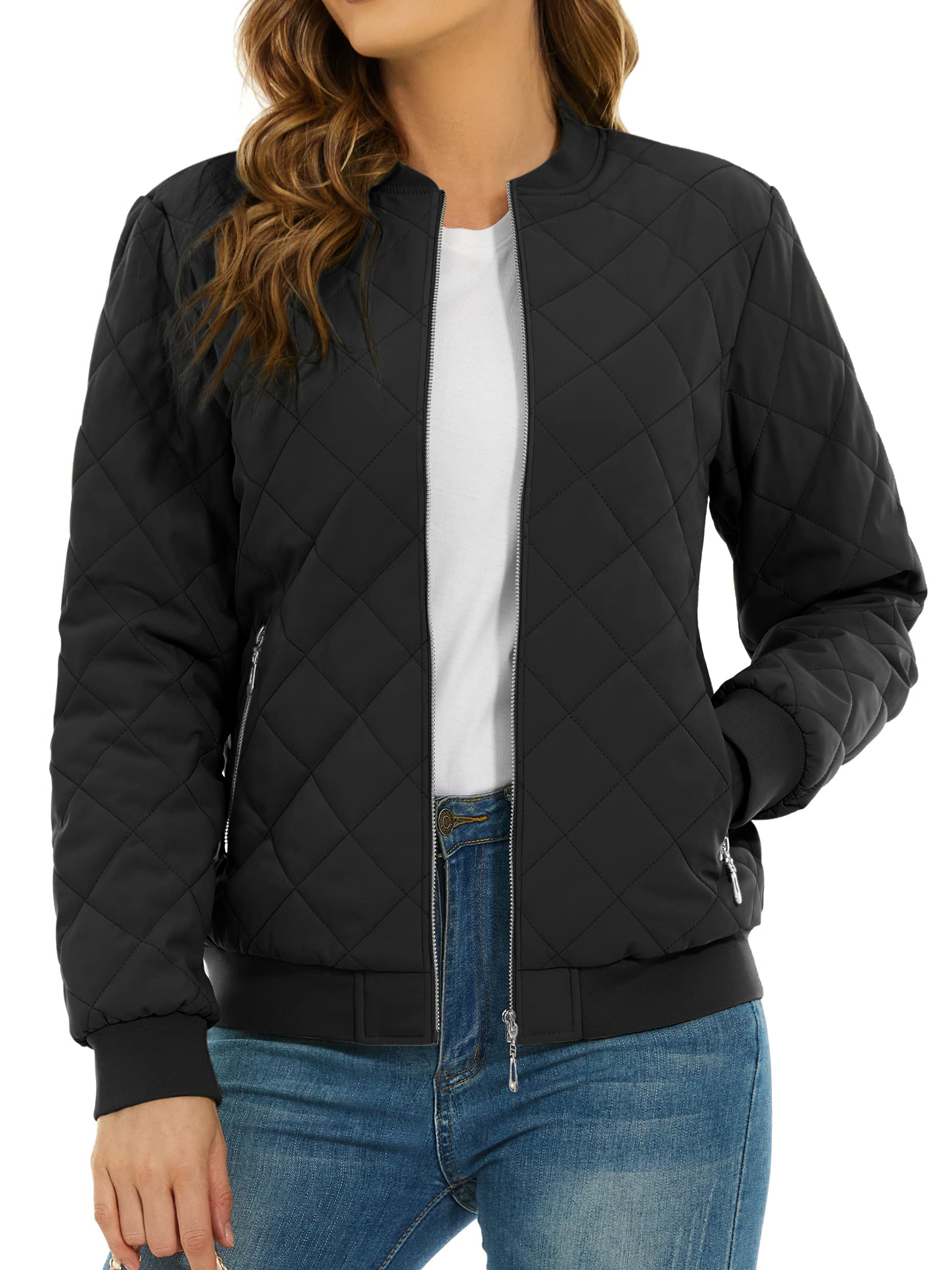 TACVASEN Women's Diamond Quilted Jackets Full Zip Winter Bomber Jacket Padded Coats Casual Warm Jacket with Pockets